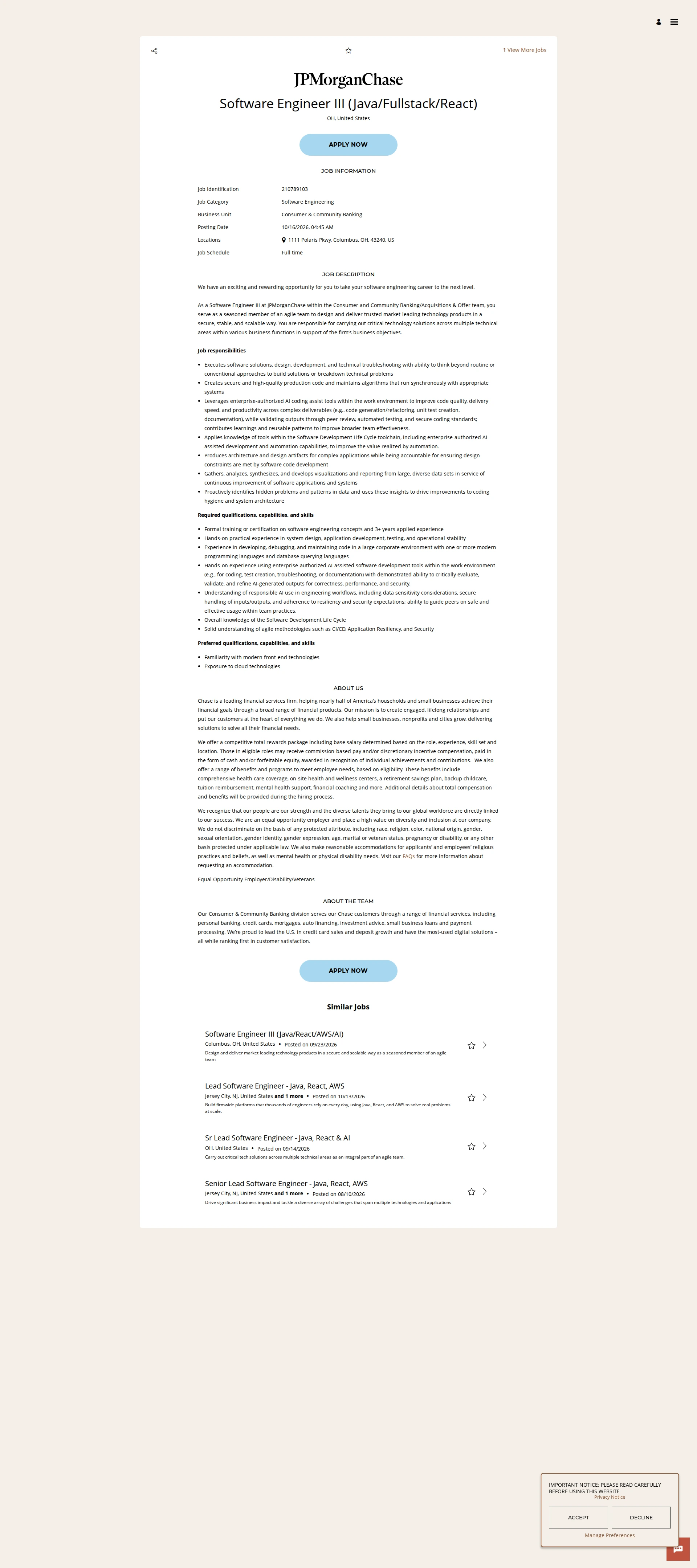 JPMorganChase Software Engineer III (Java/Fullstack/React) 채용공고