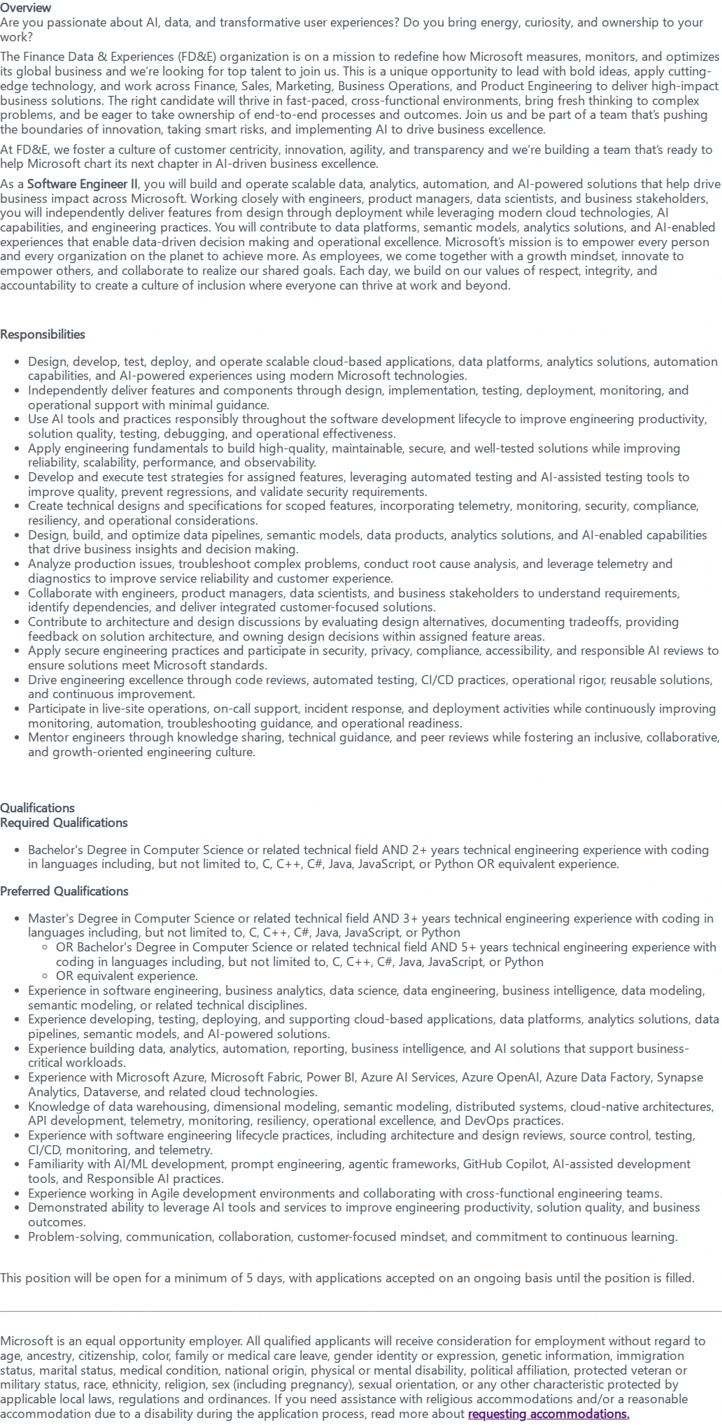 마이크로소프트(Microsoft) Software Engineer II - Finance Data & Experiences 채용공고