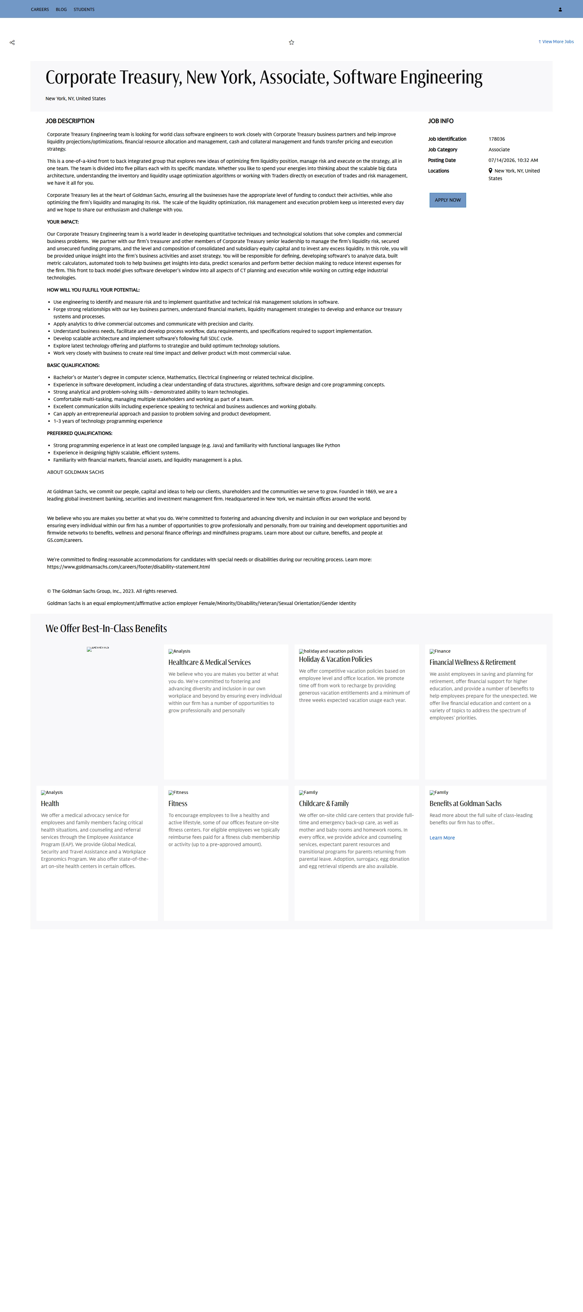 골드만삭스 Corporate Treasury, New York, Associate, Software Engineering 채용공고