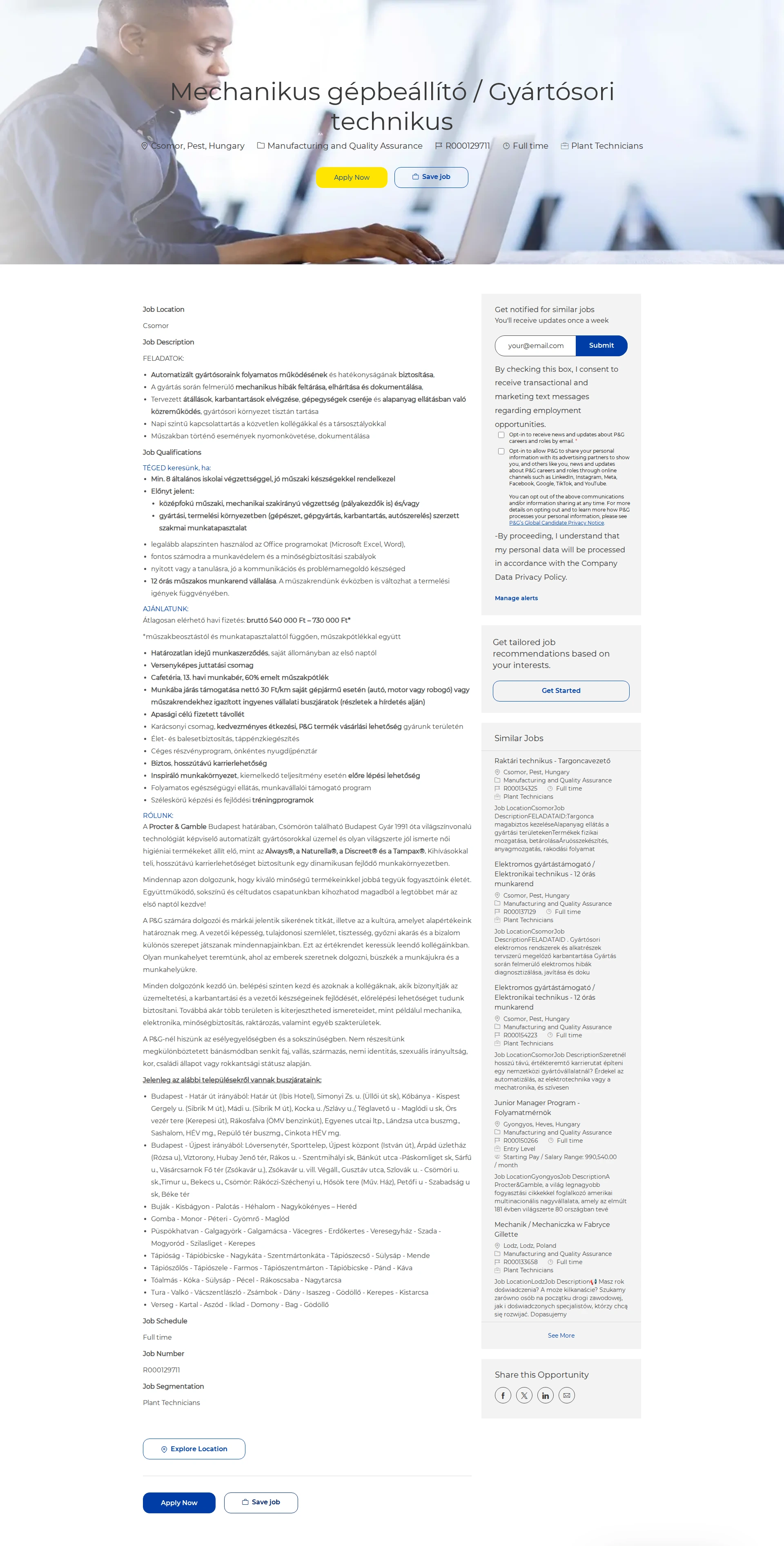 P&G Mechanikus gépbeállító / Gyártósori technikus 채용공고