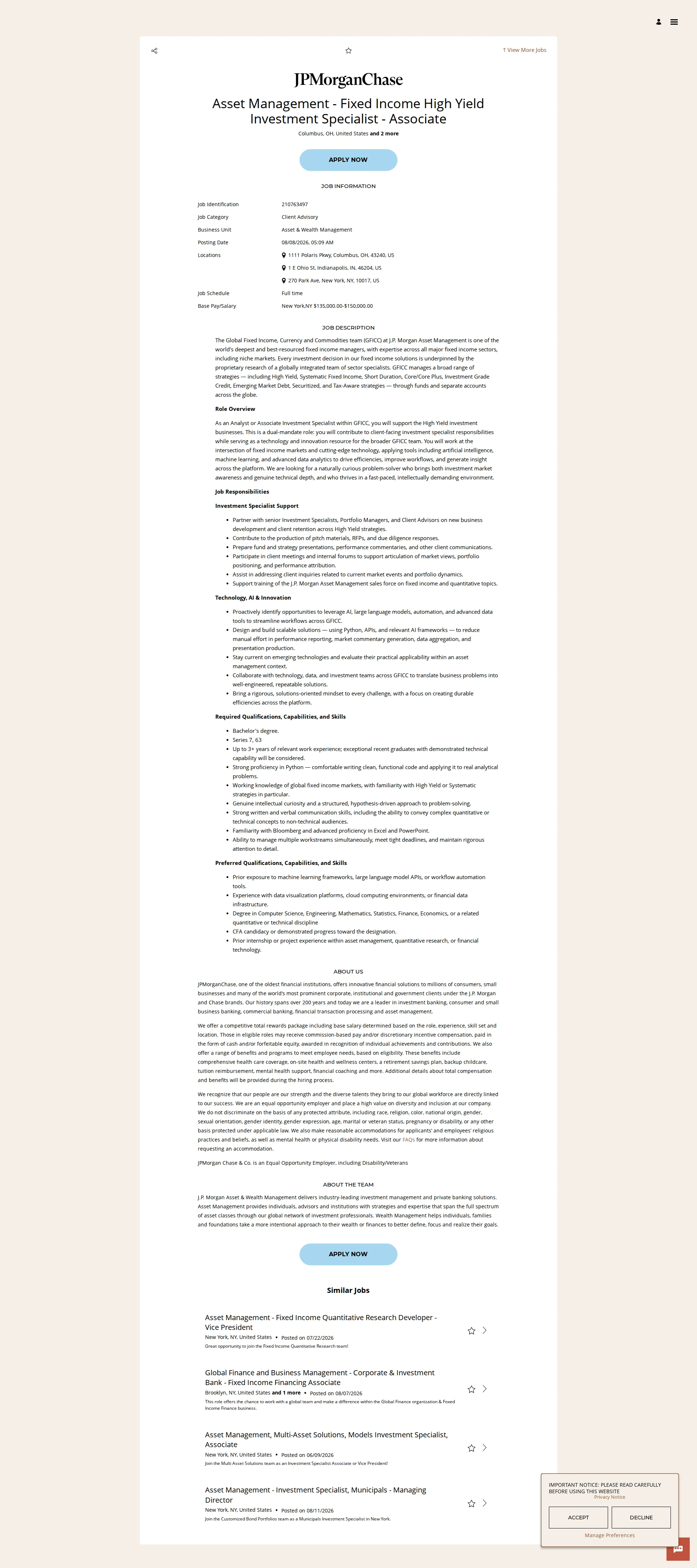 JPMorganChase Asset Management - Fixed Income High Yield Investment Specialist - Associate 채용공고
