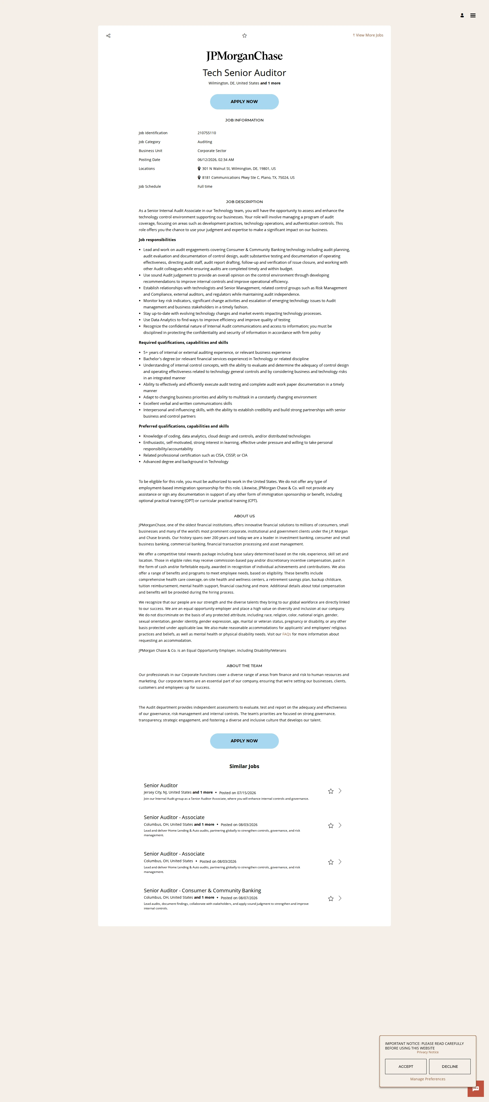 JPMorganChase Tech Senior Auditor 채용공고