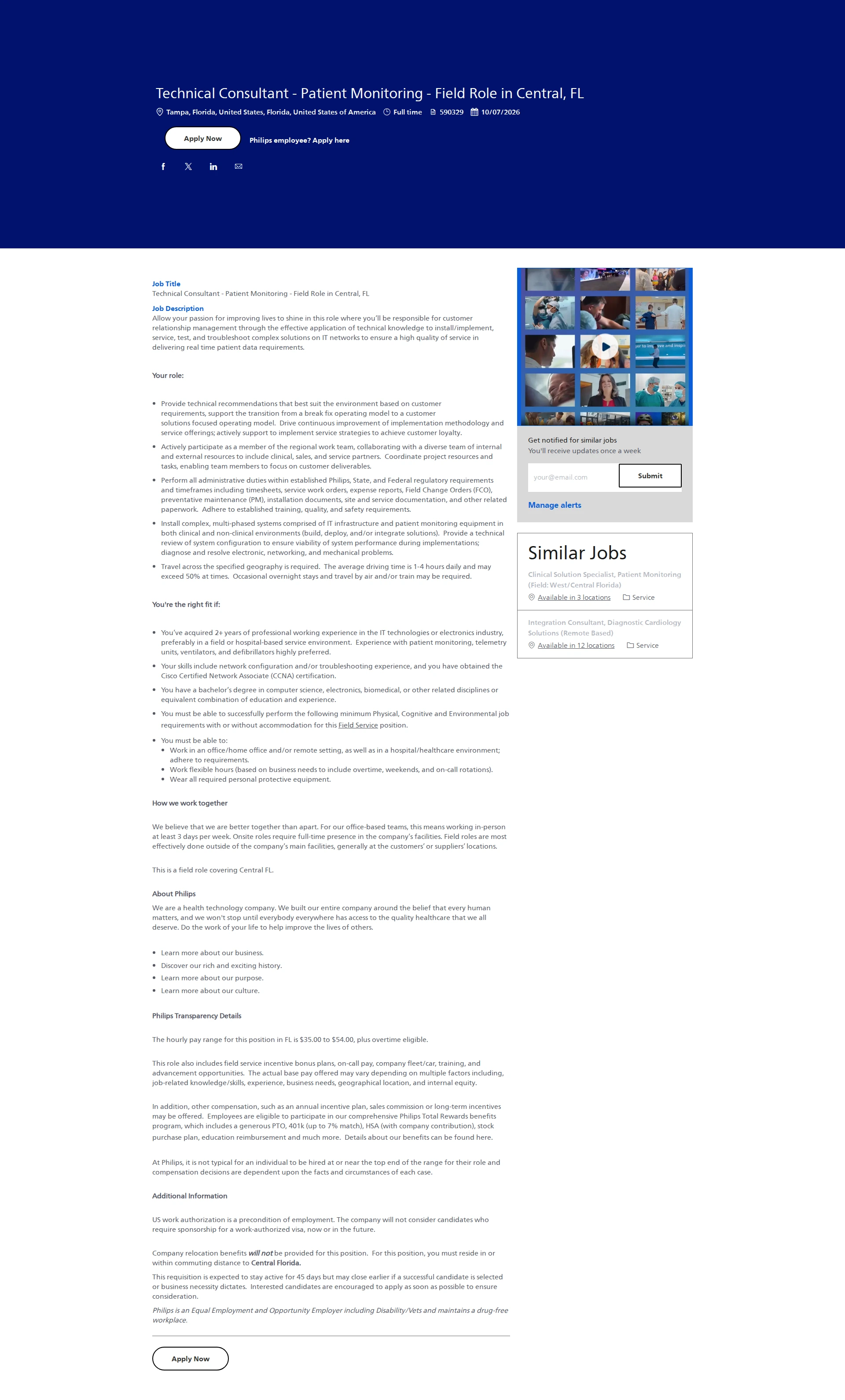 필립스 Technical Consultant - Patient Monitoring - Field Role in Central, FL 채용공고