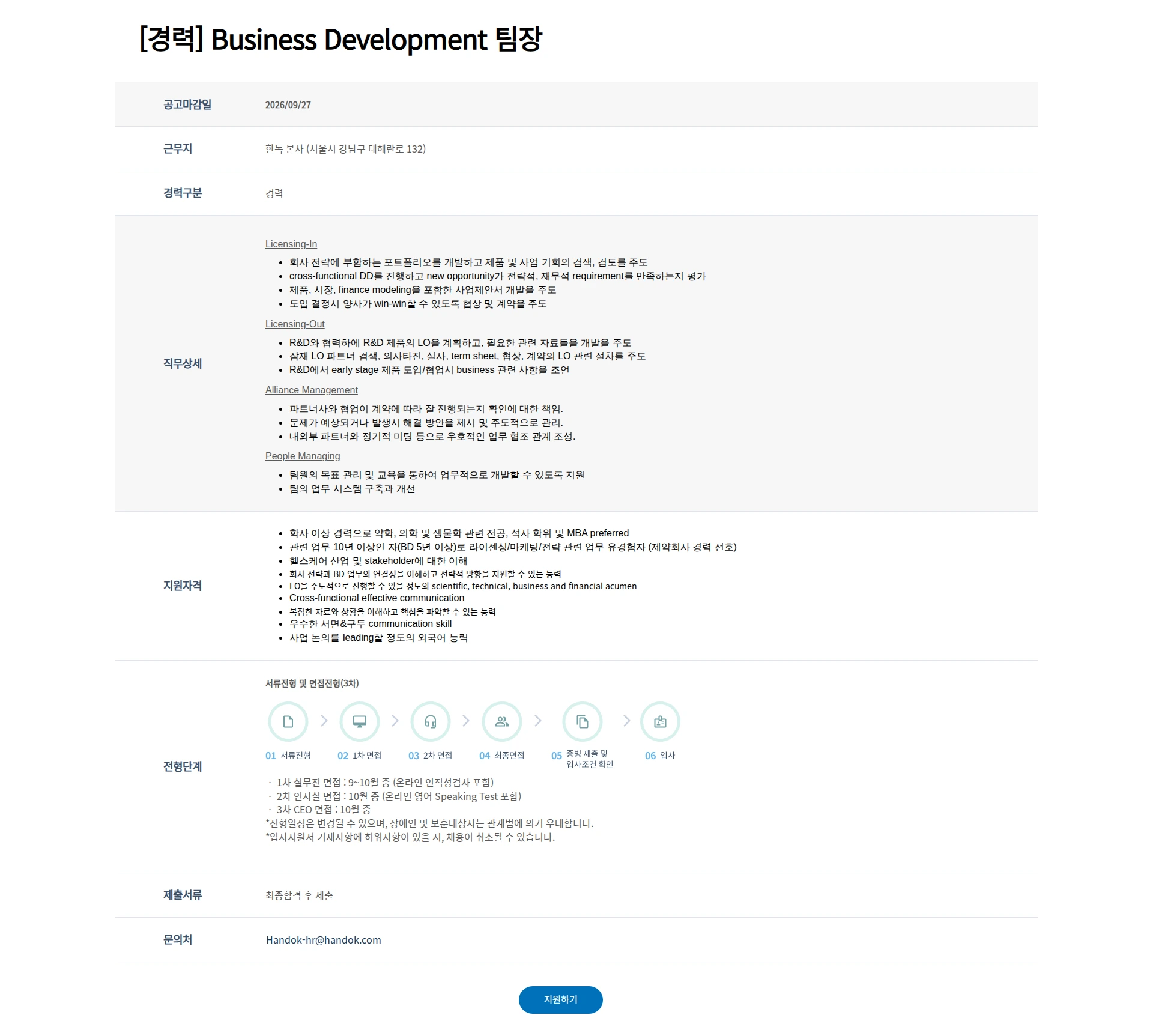 한독 [경력] Business Development 팀장 채용공고