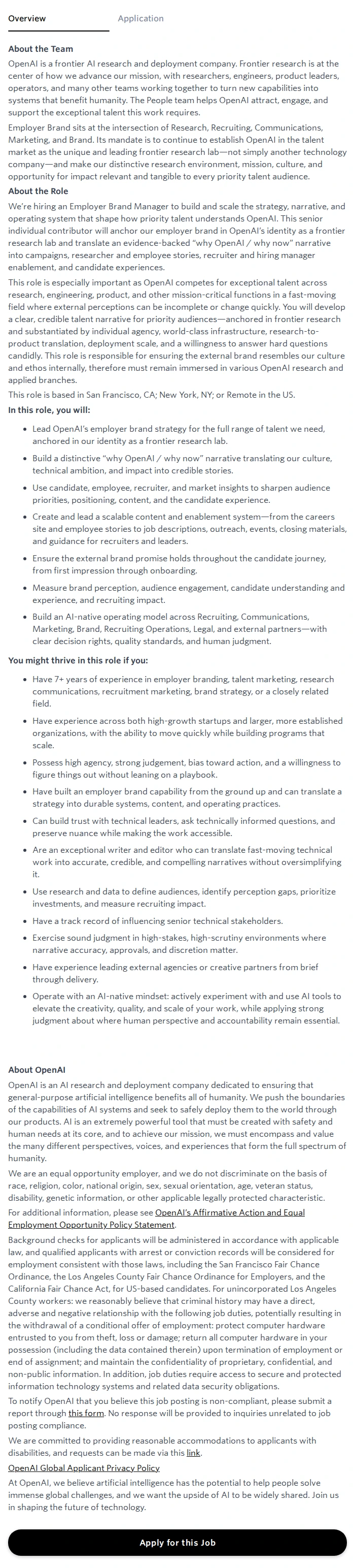 오픈에이아이(OpenAI) Employer Brand Manager 채용공고