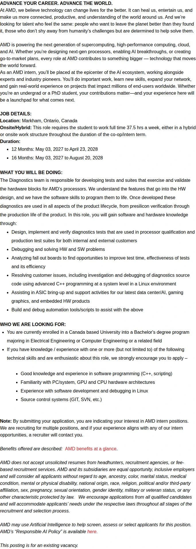 AMD Summer 2027 Long Term Diagnostics Design Engineering Intern/Co-Op 채용공고