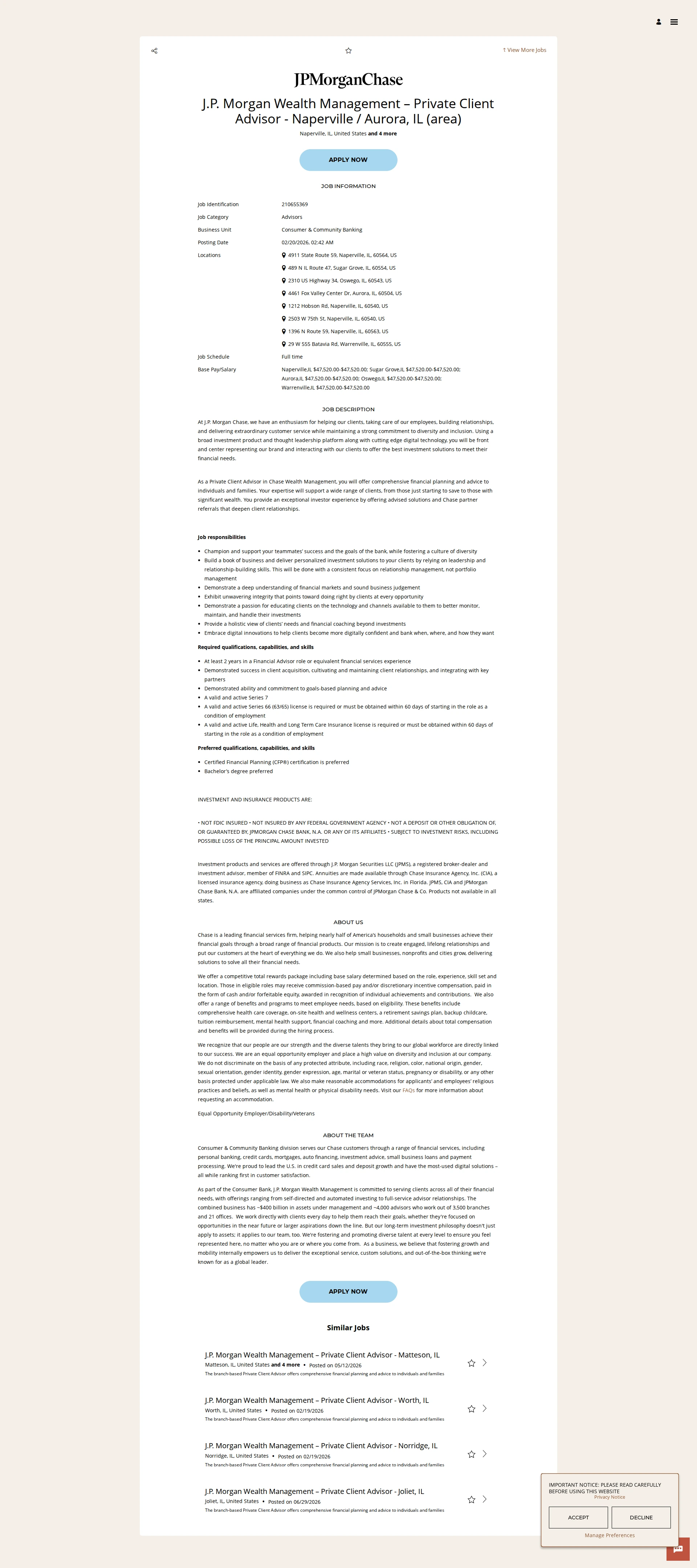 JPMorganChase J.P. Morgan Wealth Management – Private Client Advisor - Naperville / Aurora, IL (area) 채용공고