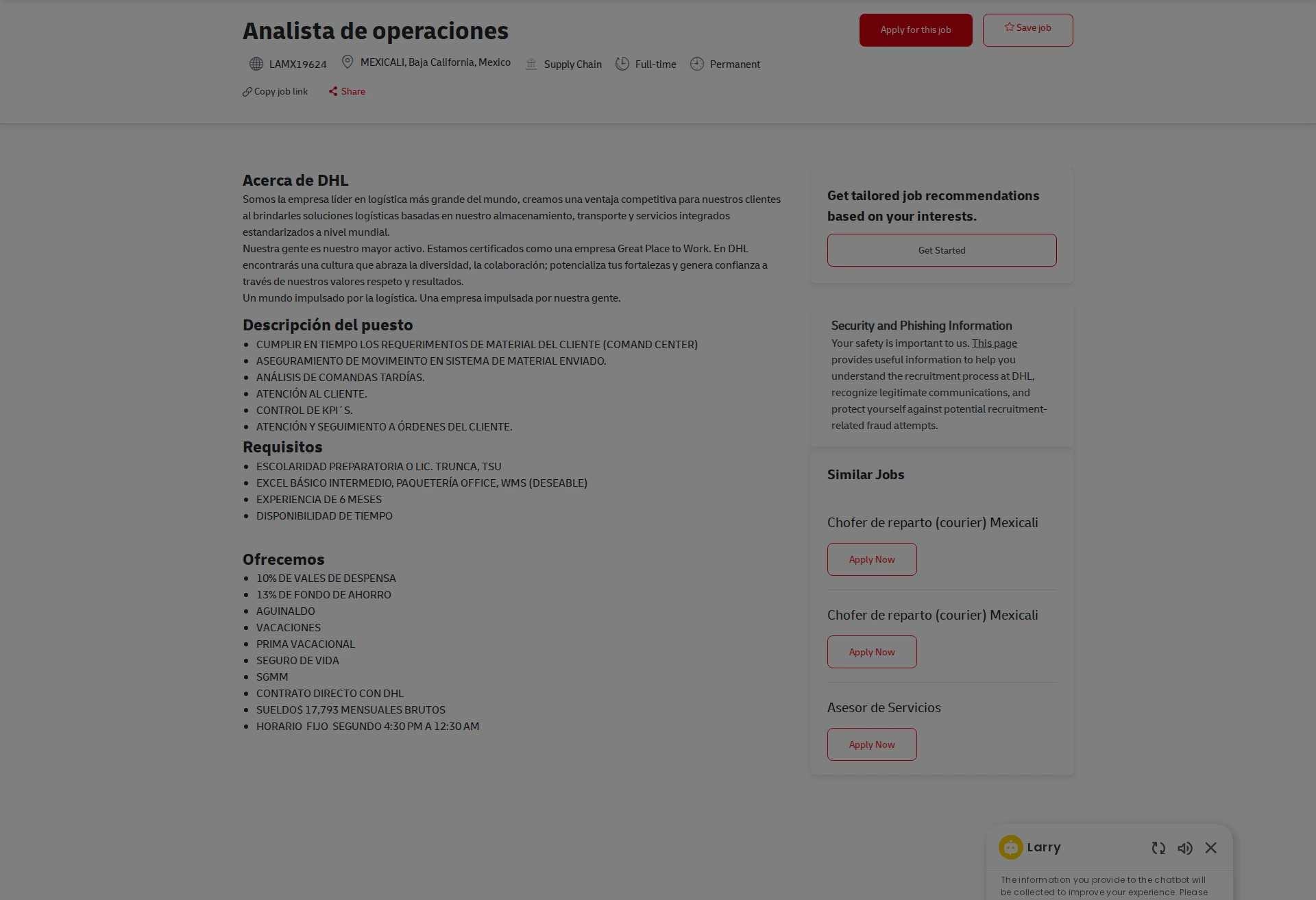 DHL Analista de operaciones 채용공고
