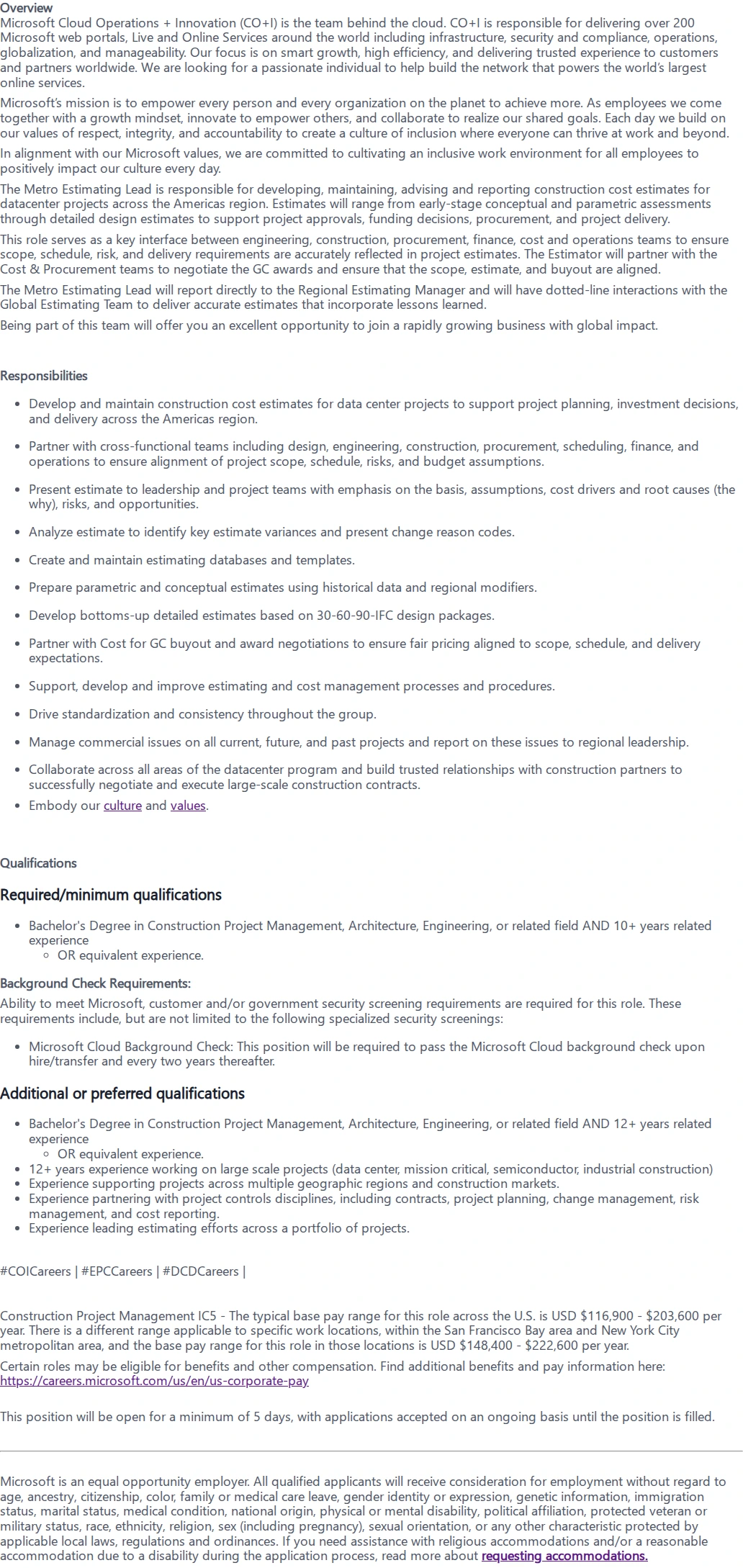 마이크로소프트(Microsoft) Metro Estimating Lead 채용공고