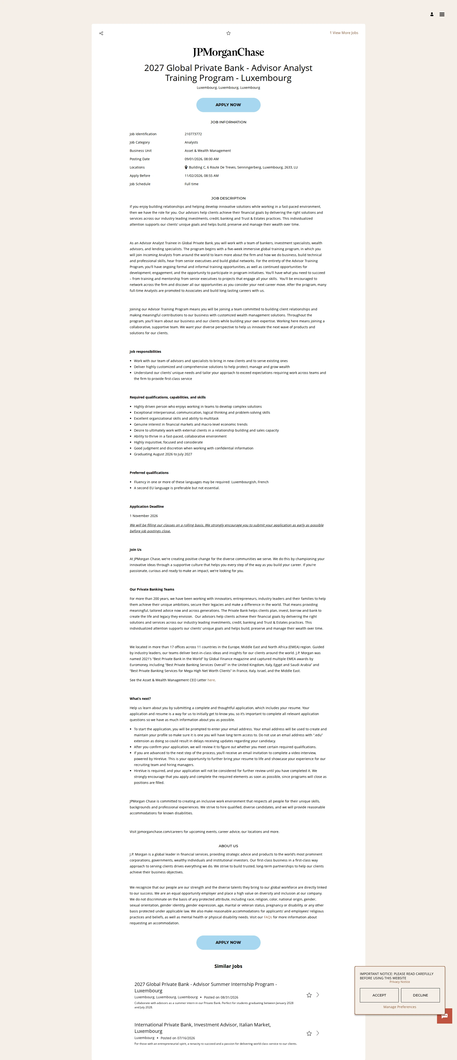 JPMorganChase 2027 Global Private Bank - Advisor Analyst Training Program - Luxembourg 채용공고