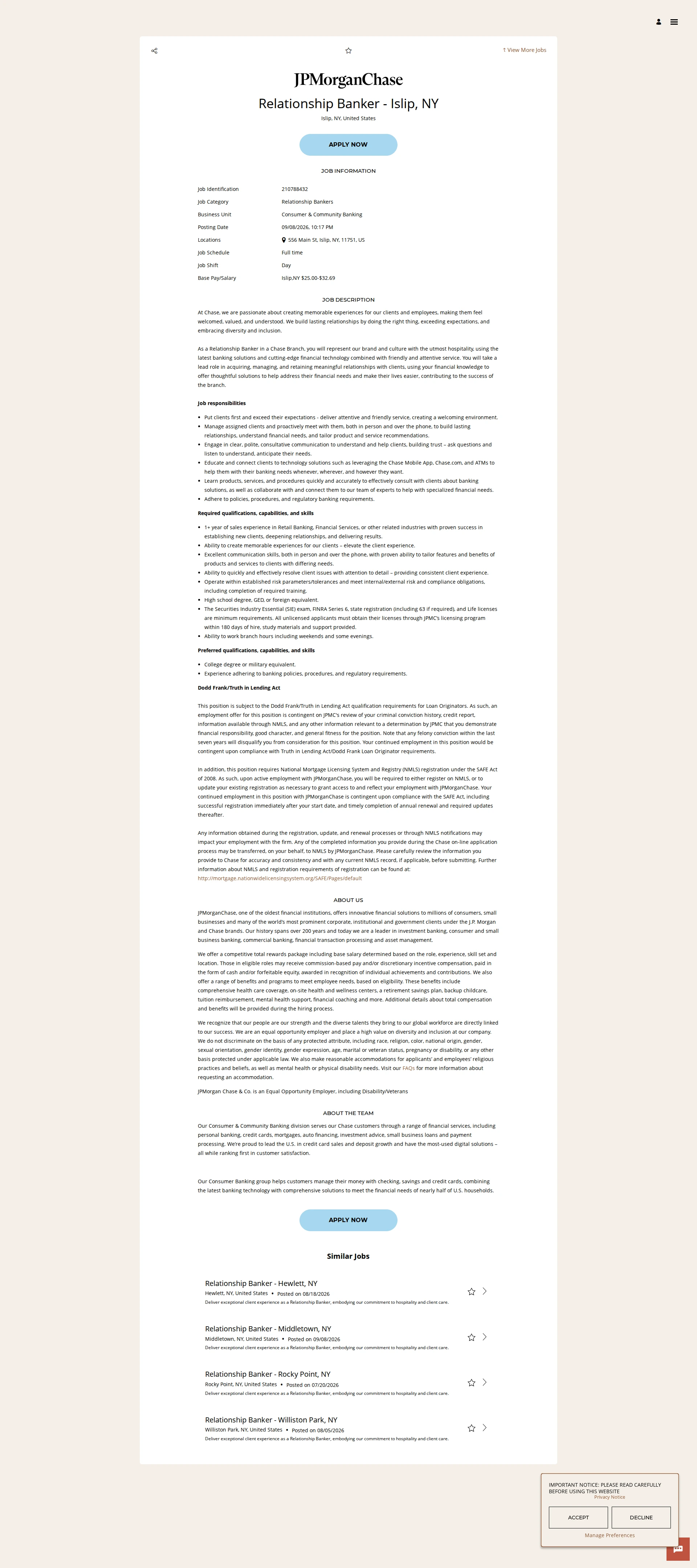 JPMorganChase Relationship Banker - Islip, NY 채용공고