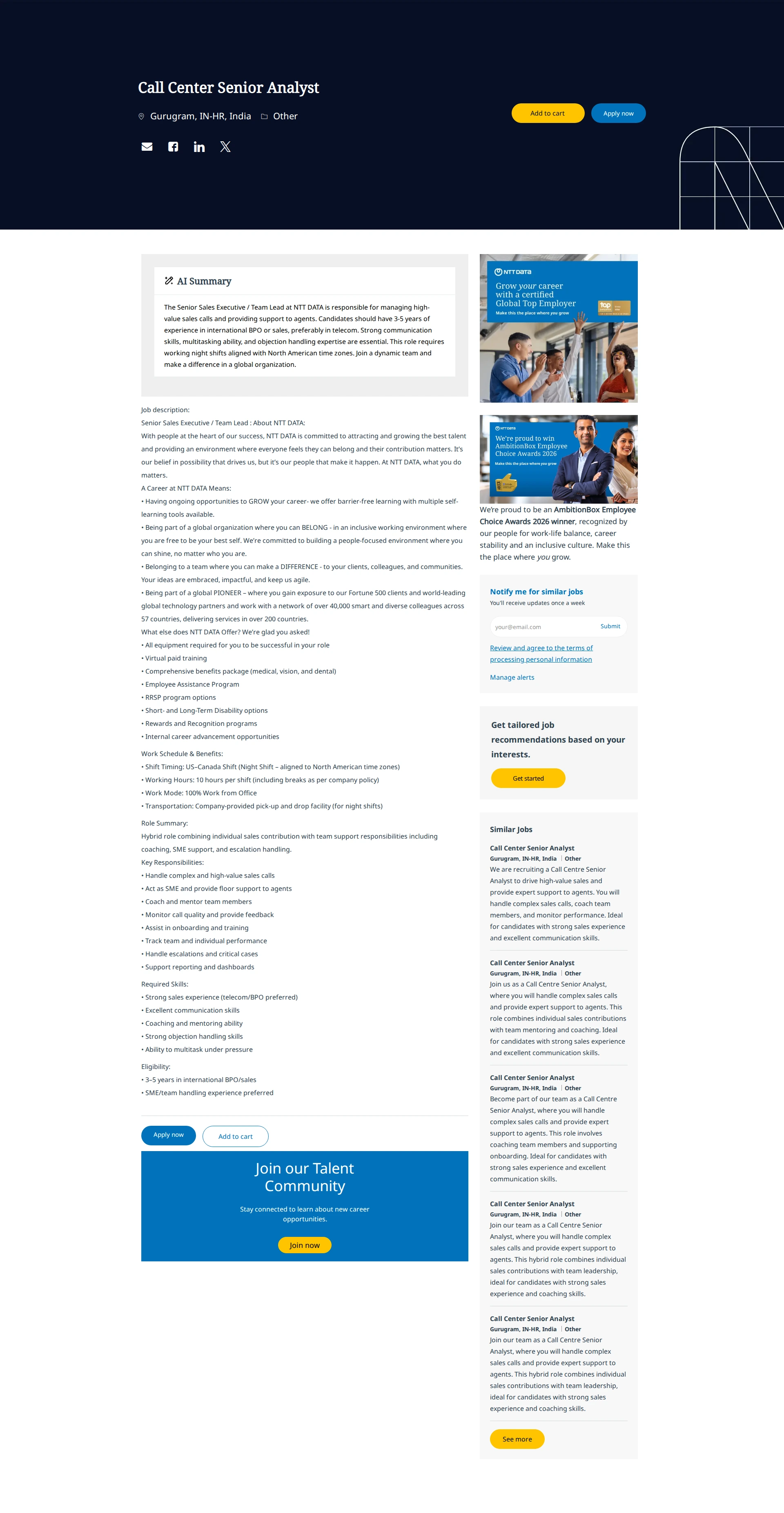 NTT데이터 Call Center Senior Analyst 채용공고