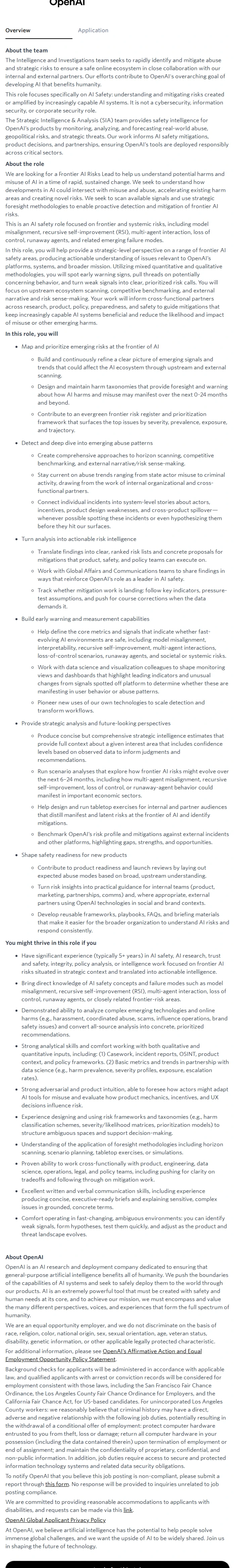 오픈에이아이(OpenAI) Frontier AI Risks Lead 채용공고
