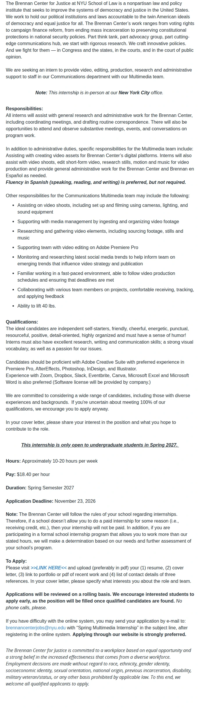 Brennan Center for Justice Spring 2027 Multimedia Producer Undergraduate Internship 채용공고