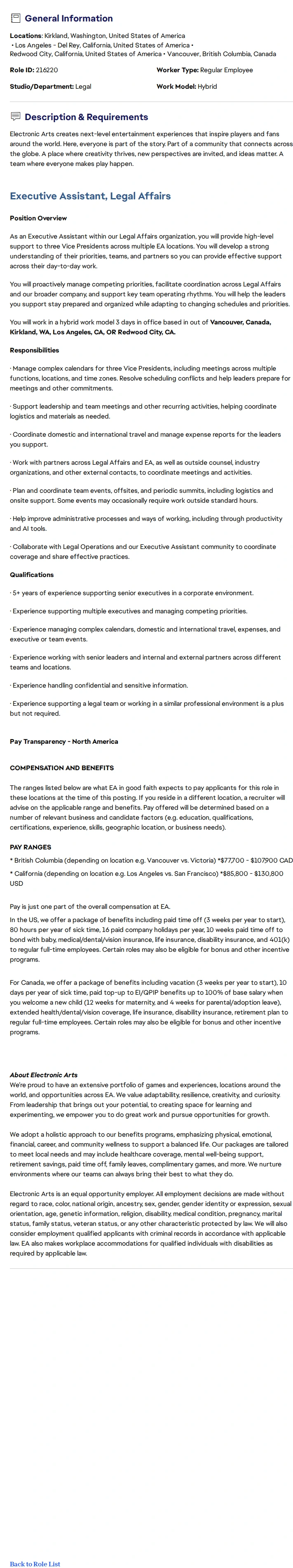 ElectronicArts Executive Assistant, Legal Affairs 채용공고