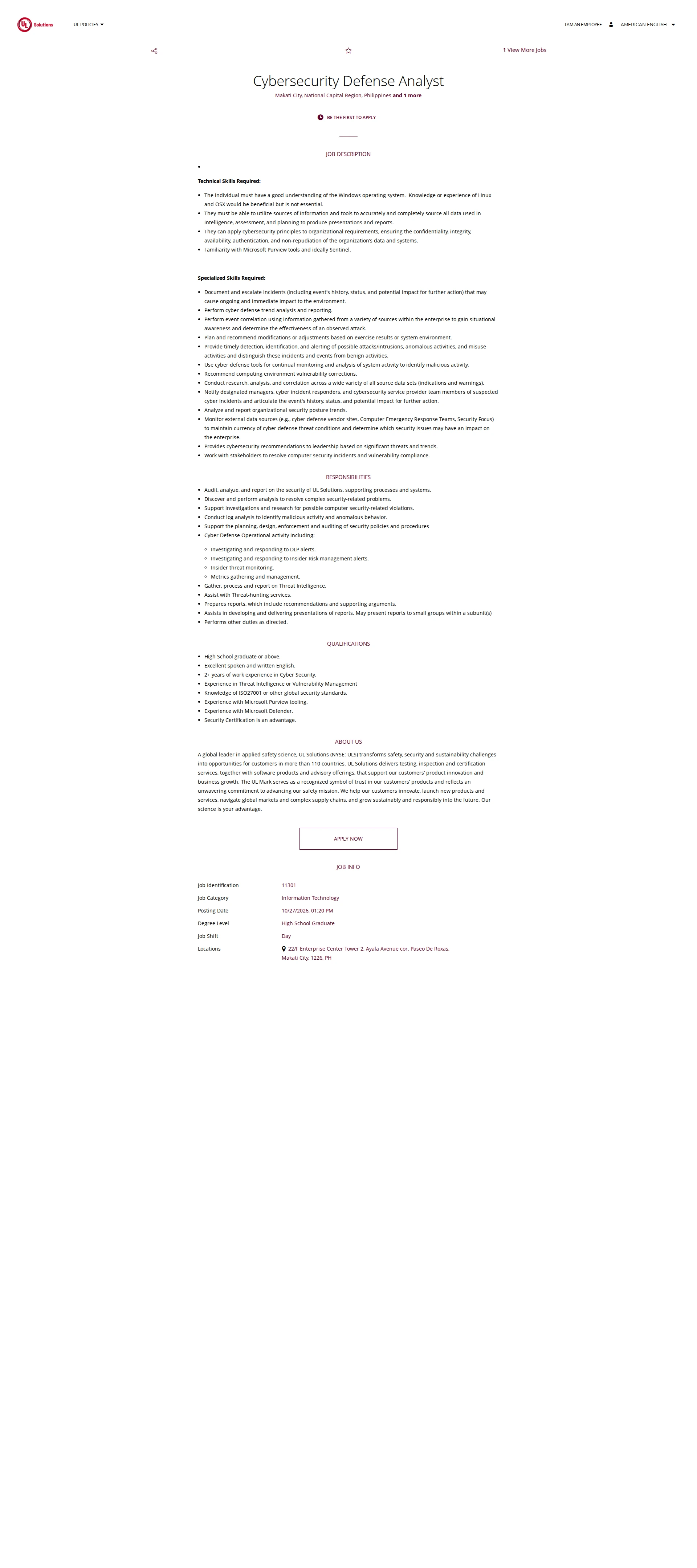 UL Solutions Cybersecurity Defense Analyst 채용공고