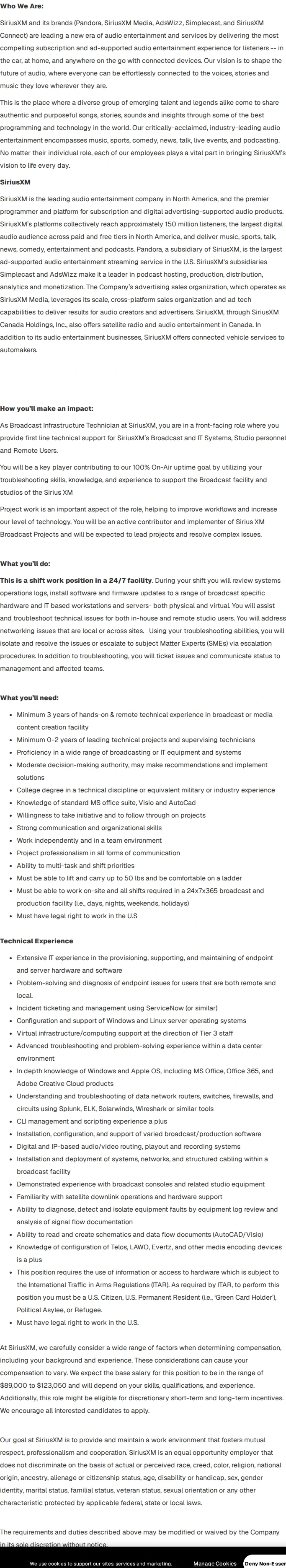 Sirius XM Lead Broadcast Infrastructure Technician 채용공고