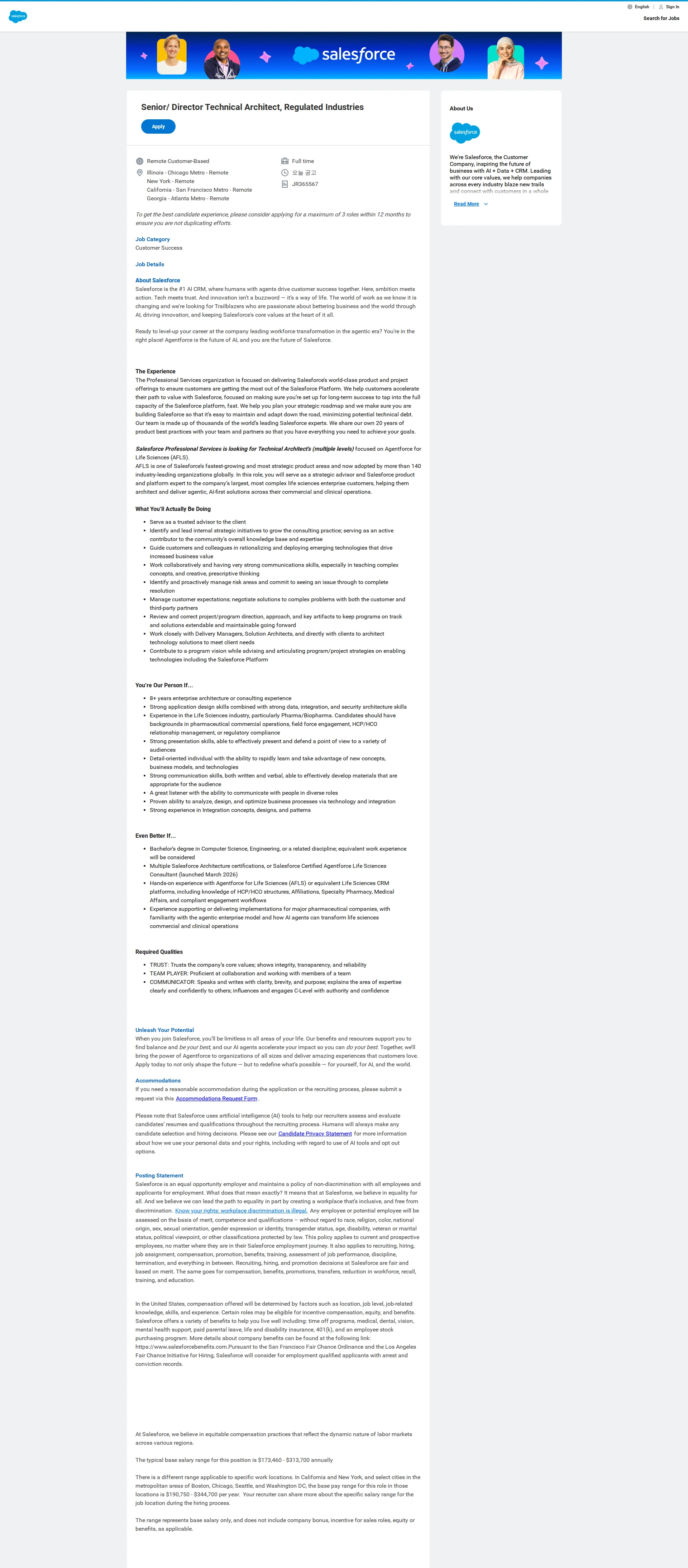 Salesforce Senior/ Director Technical Architect, Regulated Industries 채용공고
