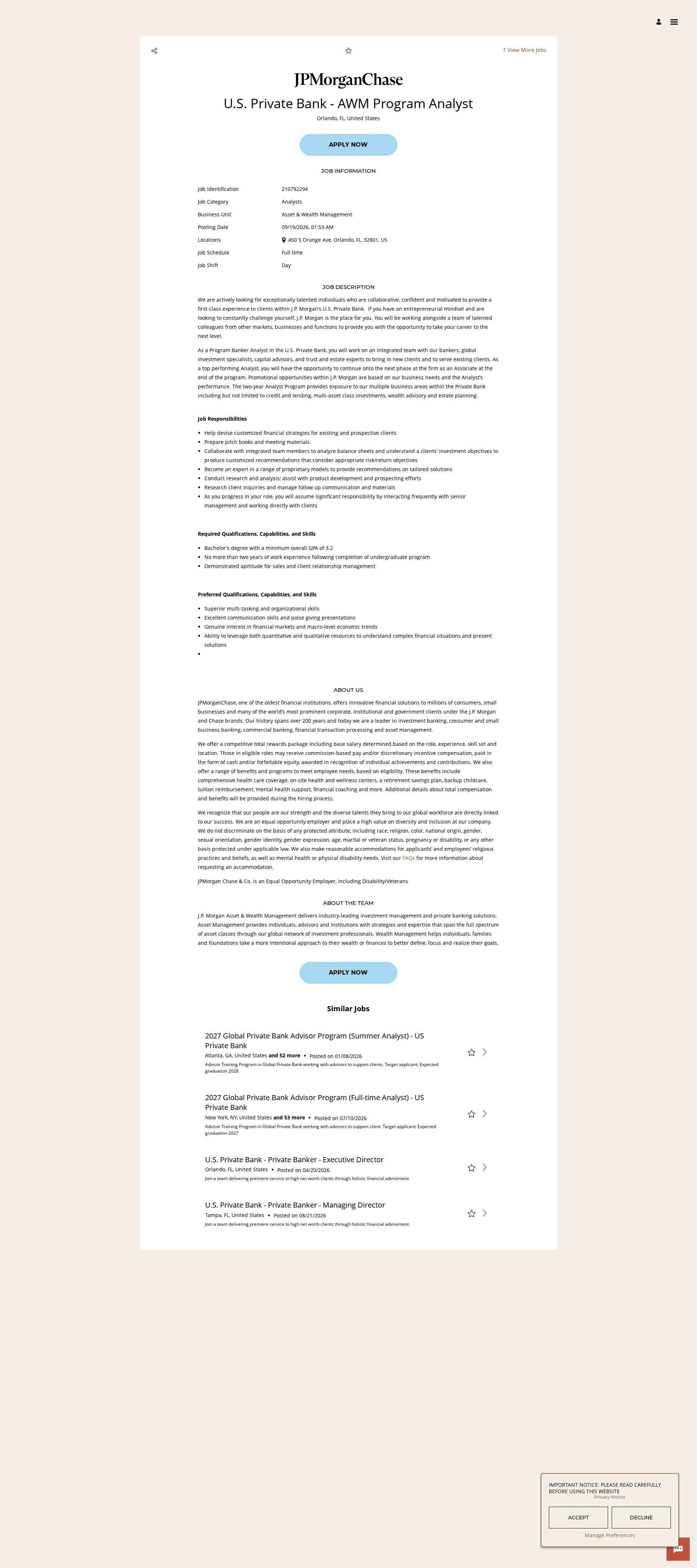 JPMorganChase U.S. Private Bank - AWM Program Analyst 채용공고