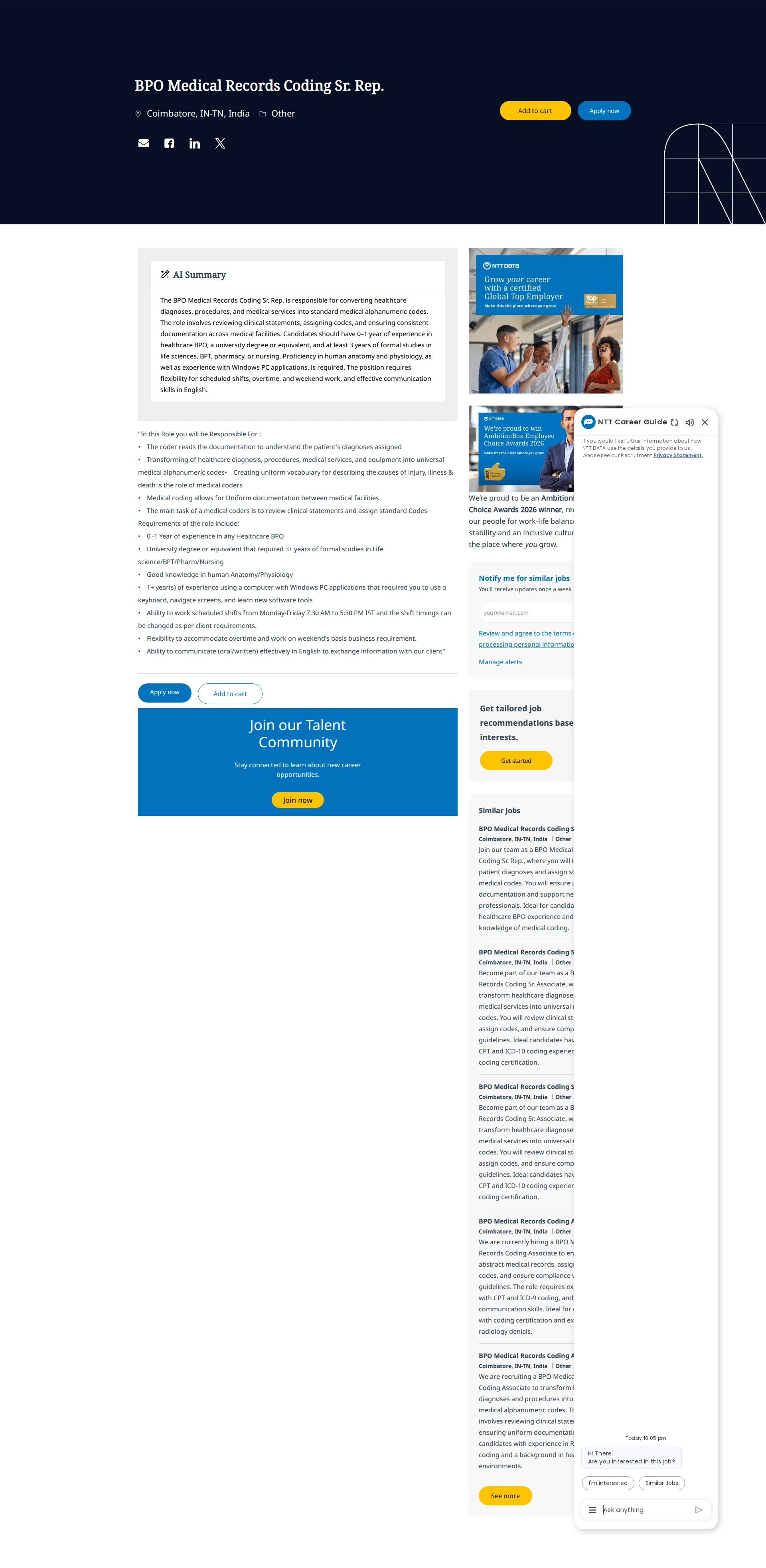 NTT데이터 BPO Medical Records Coding Sr. Rep. 채용공고