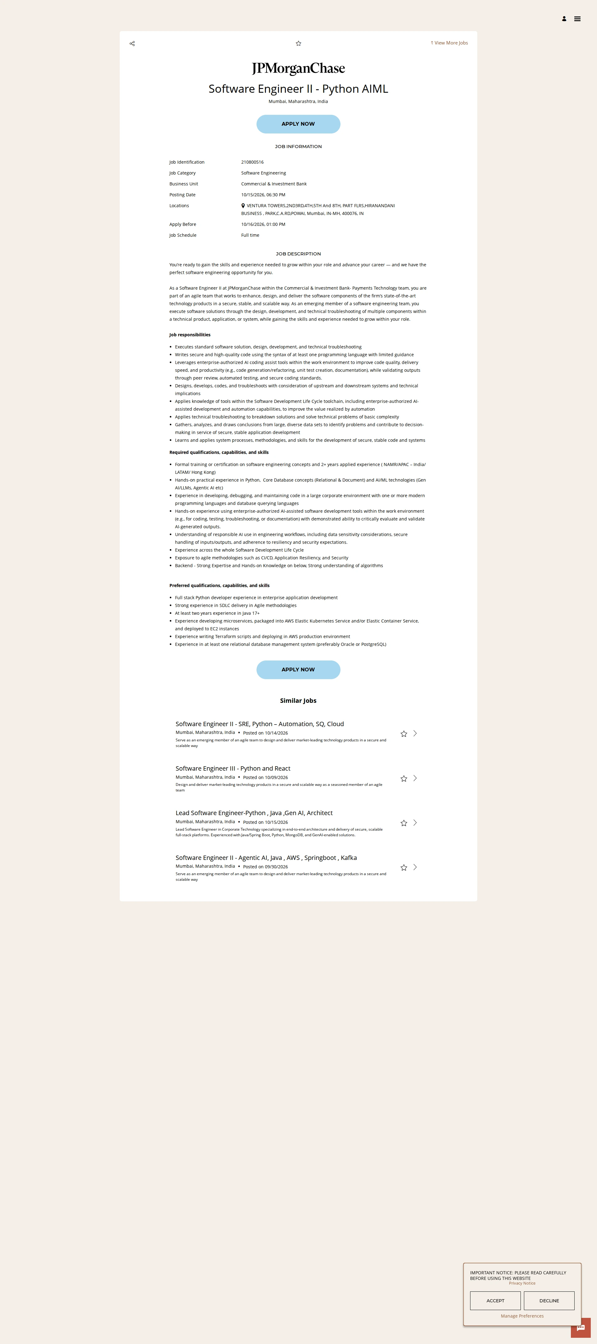 JPMorganChase Software Engineer II - Python AIML 채용공고