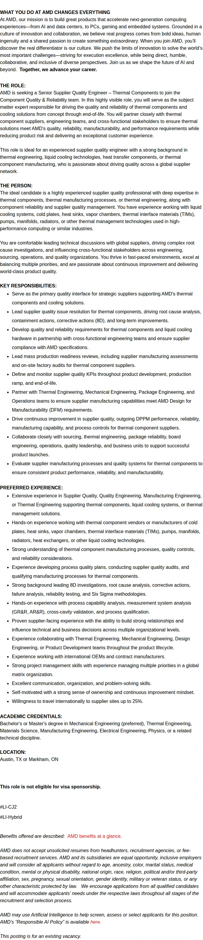 AMD Thermal Components - Senior Supplier Quality Engineer 채용공고