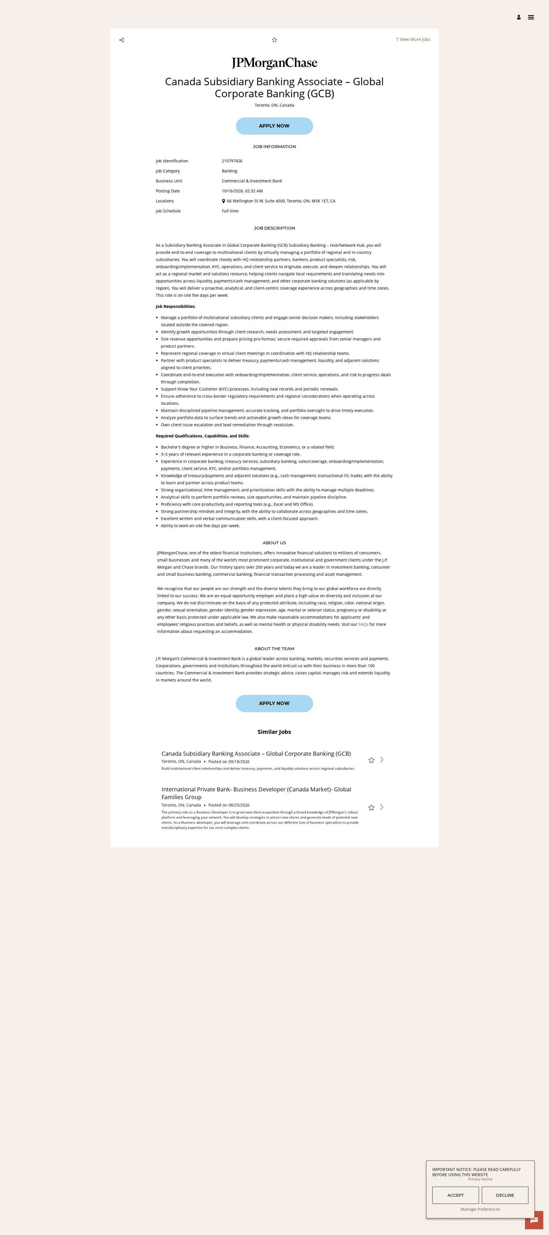 JPMorganChase Canada Subsidiary Banking Associate – Global Corporate Banking (GCB) 채용공고