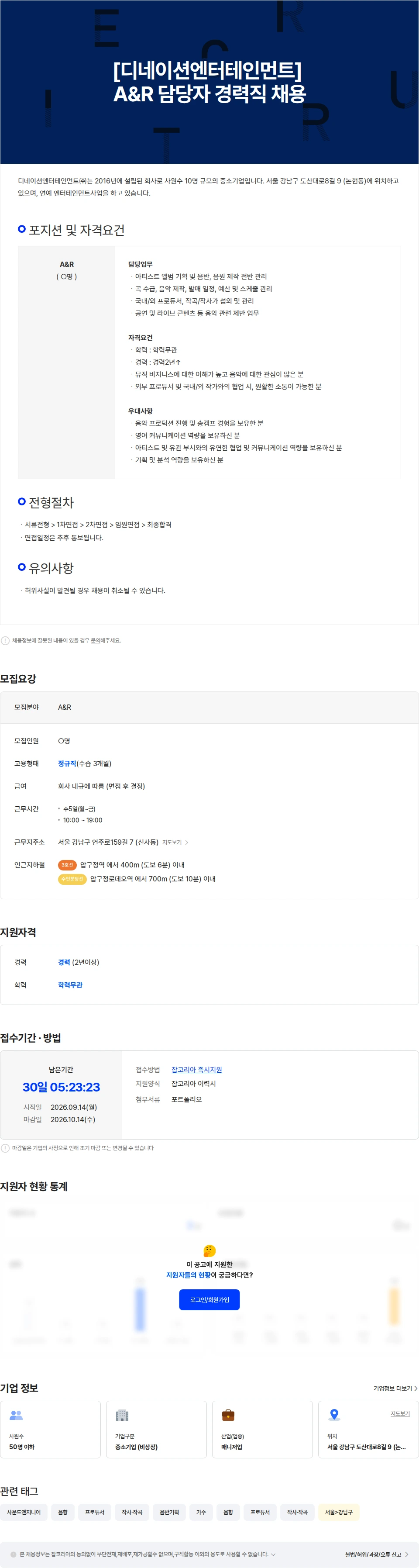 디네이션엔터테인먼트 [디네이션엔터테인먼트] A&R 담당자 경력직 채용 채용공고
