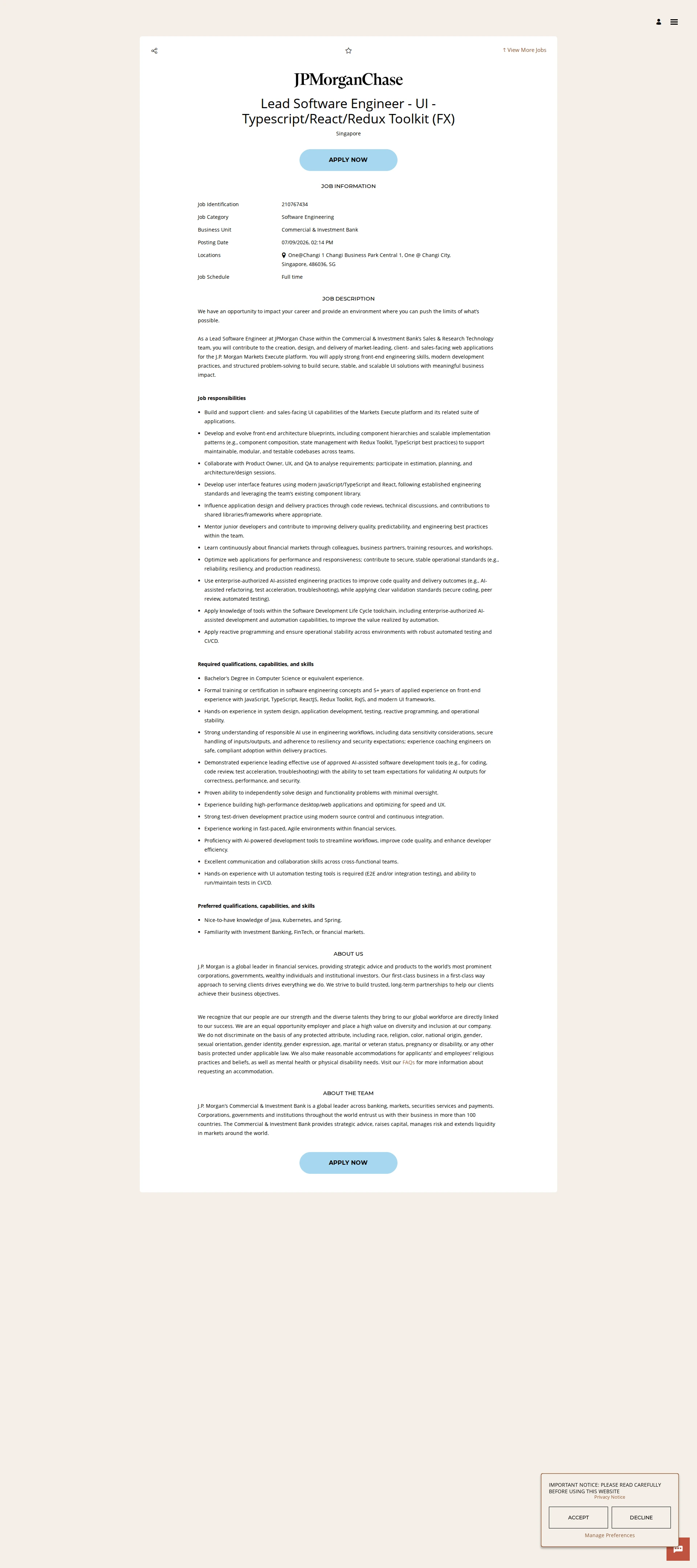 JPMorganChase Lead Software Engineer - UI - Typescript/React/Redux Toolkit (FX) 채용공고