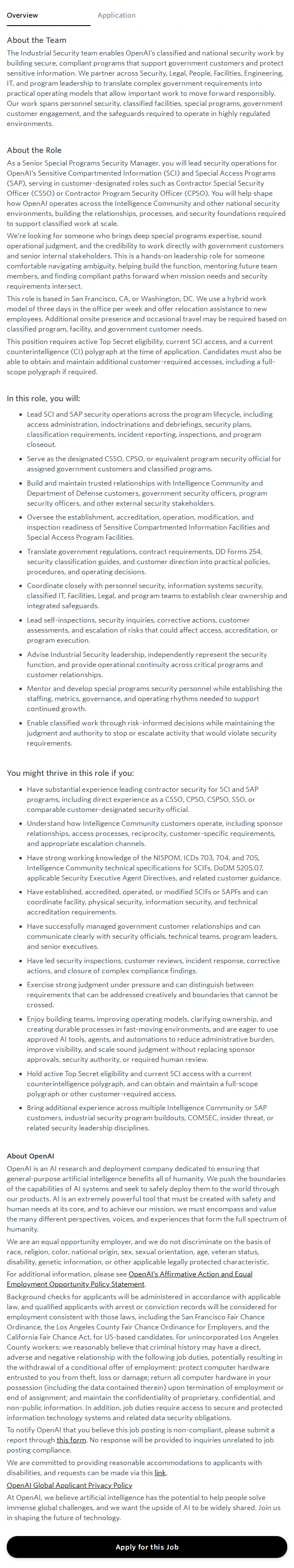 오픈에이아이(OpenAI) Senior Special Programs Security Manager (CSSO/CPSO) 채용공고