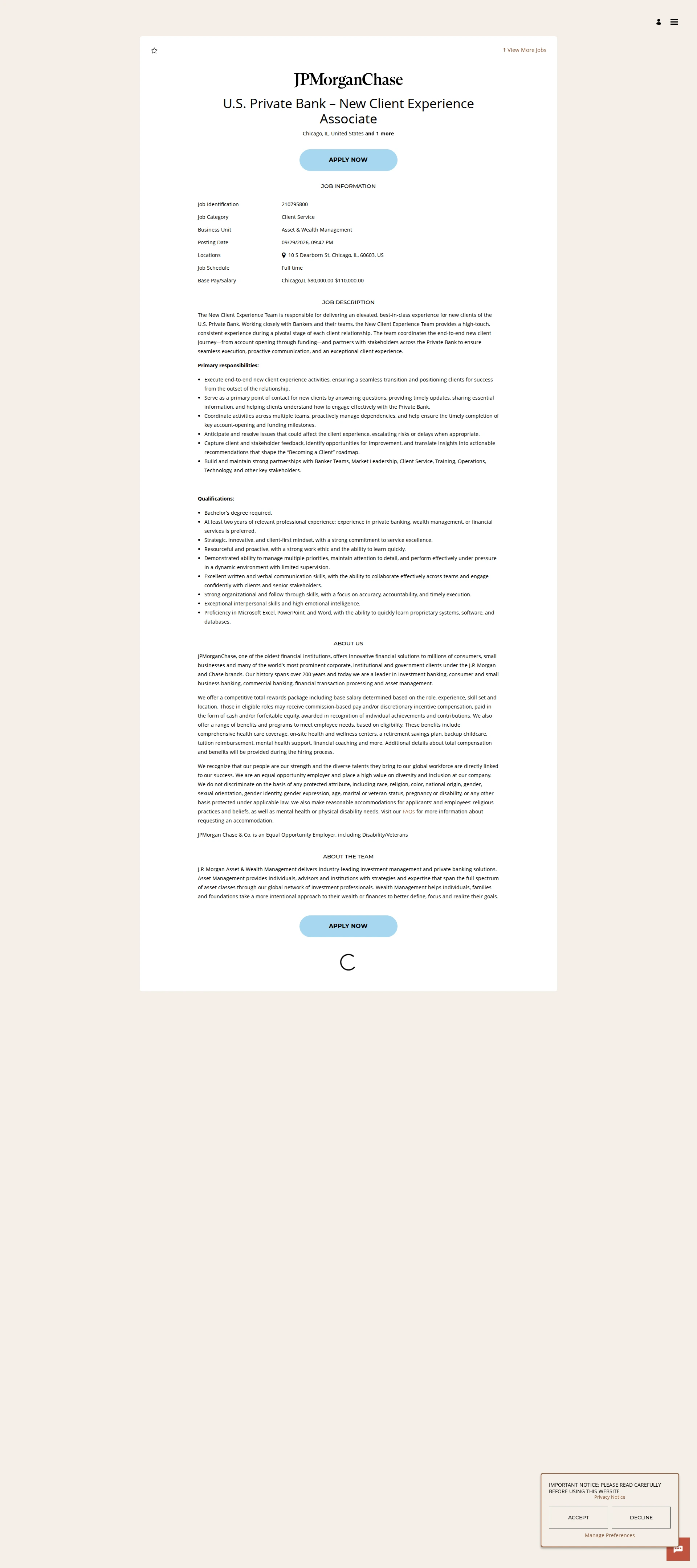 JPMorganChase U.S. Private Bank – New Client Experience Associate 채용공고
