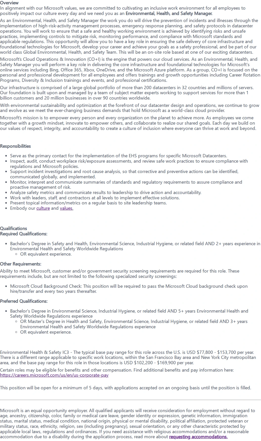 마이크로소프트(Microsoft) Environmental, Health, and Safety Manager 채용공고