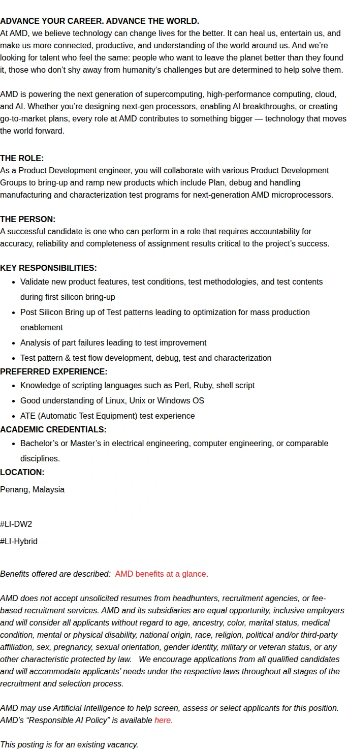 AMD Graduate Trainee - Product Development Engineer (Yield Engineering) 채용공고