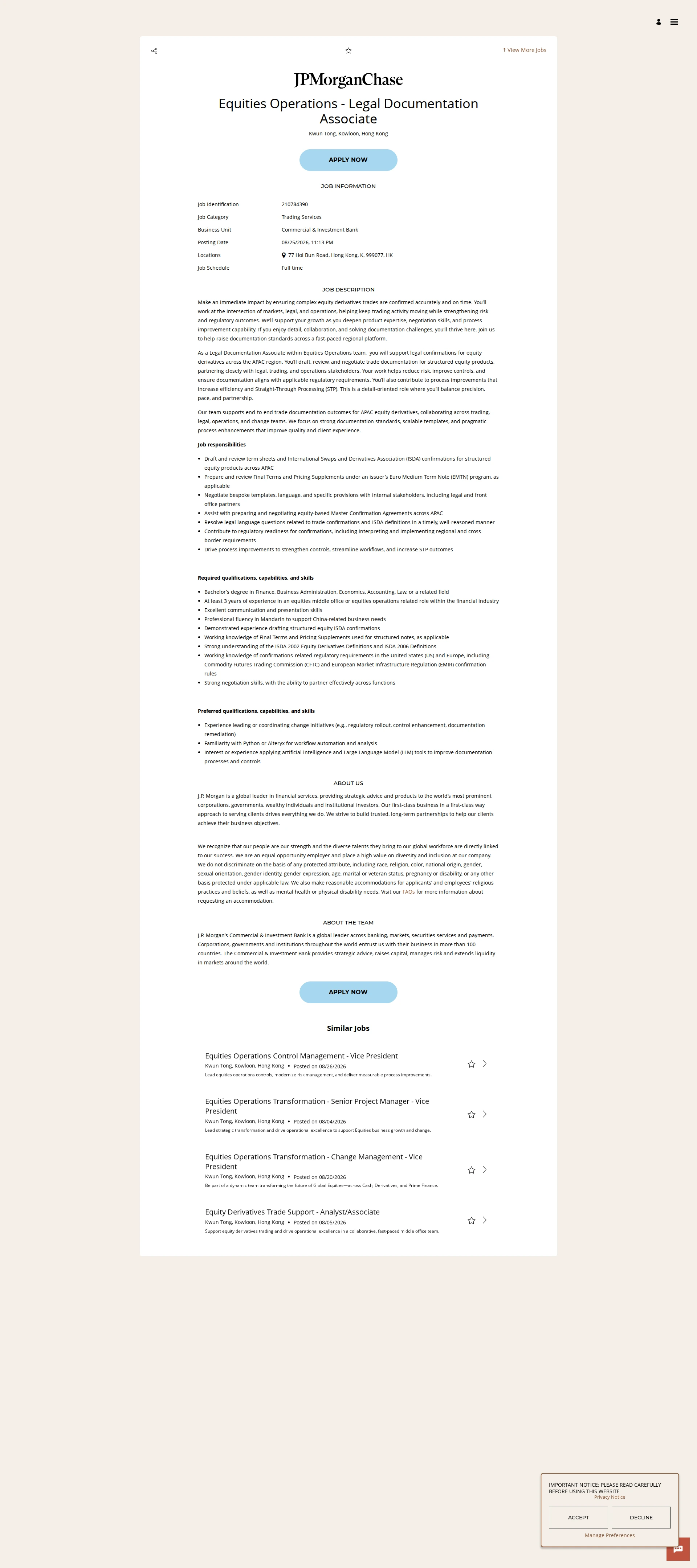 JPMorganChase Equities Operations - Legal Documentation Associate 채용공고