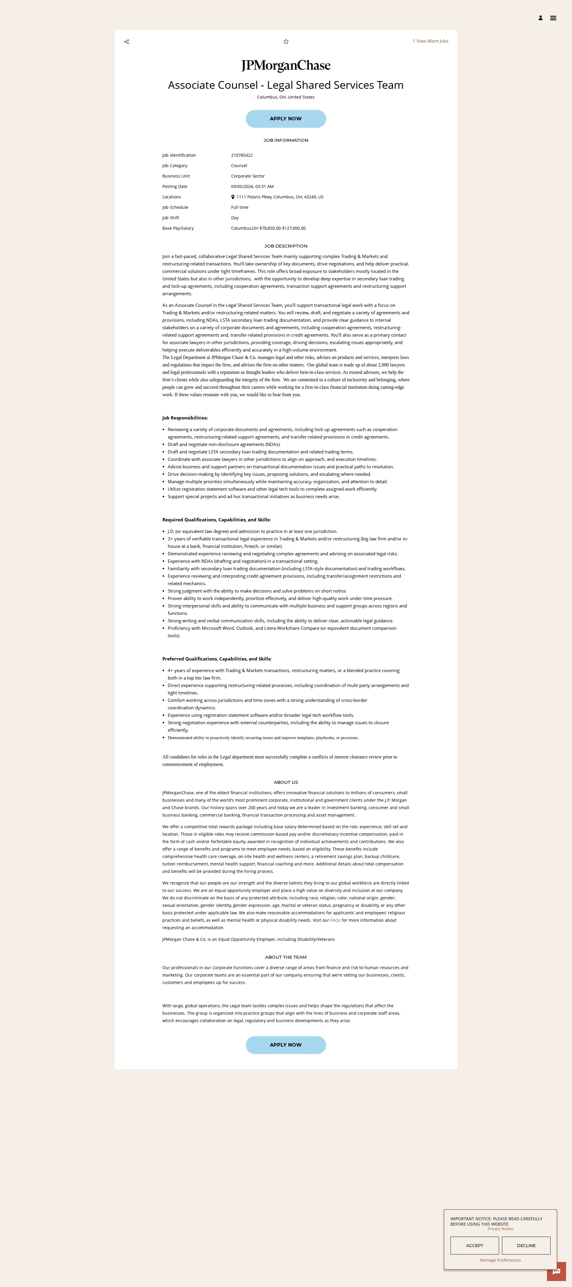 JPMorganChase Associate Counsel - Legal Shared Services Team 채용공고