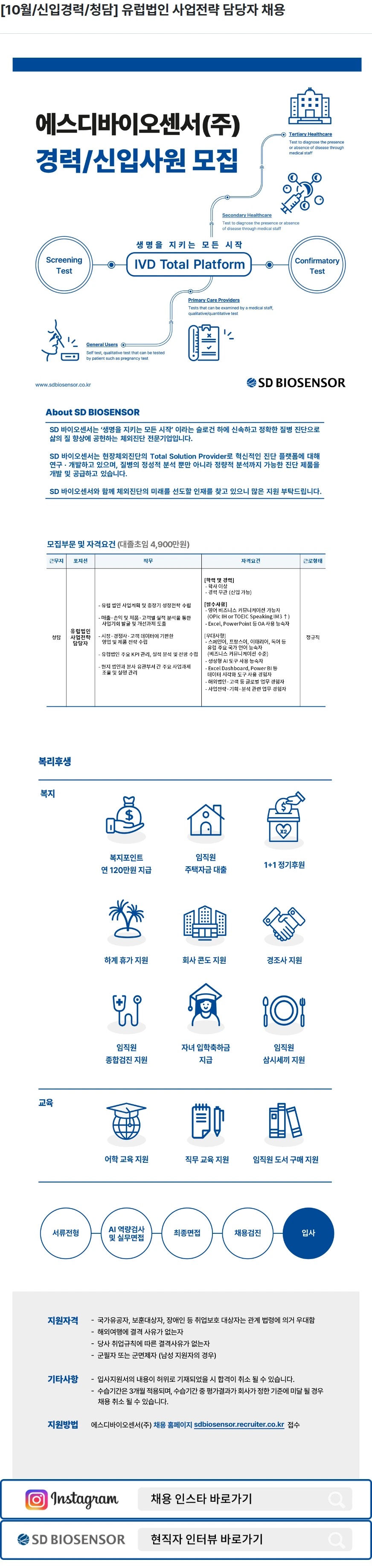 에스디바이오센서 [10월/신입경력/청담] 유럽법인 사업전략 담당자 채용 채용공고