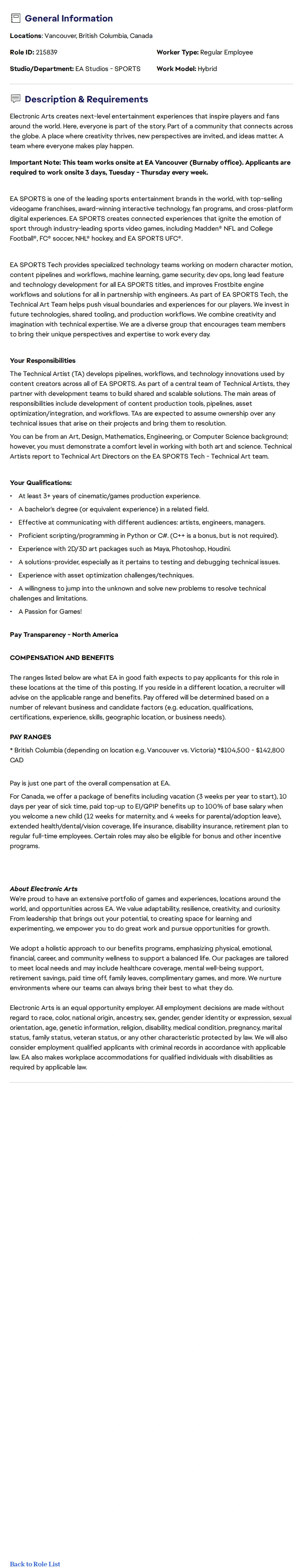 ElectronicArts Technical Artist (DCC Tools) - EA SPORTS Technology 채용공고