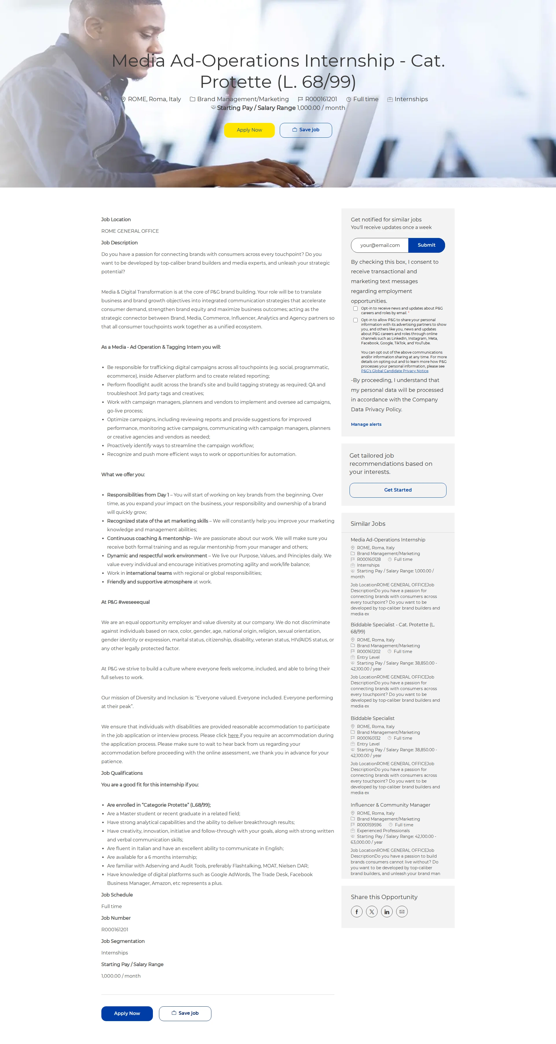 P&G Media Ad-Operations Internship - Cat. Protette (L. 68/99) 채용공고