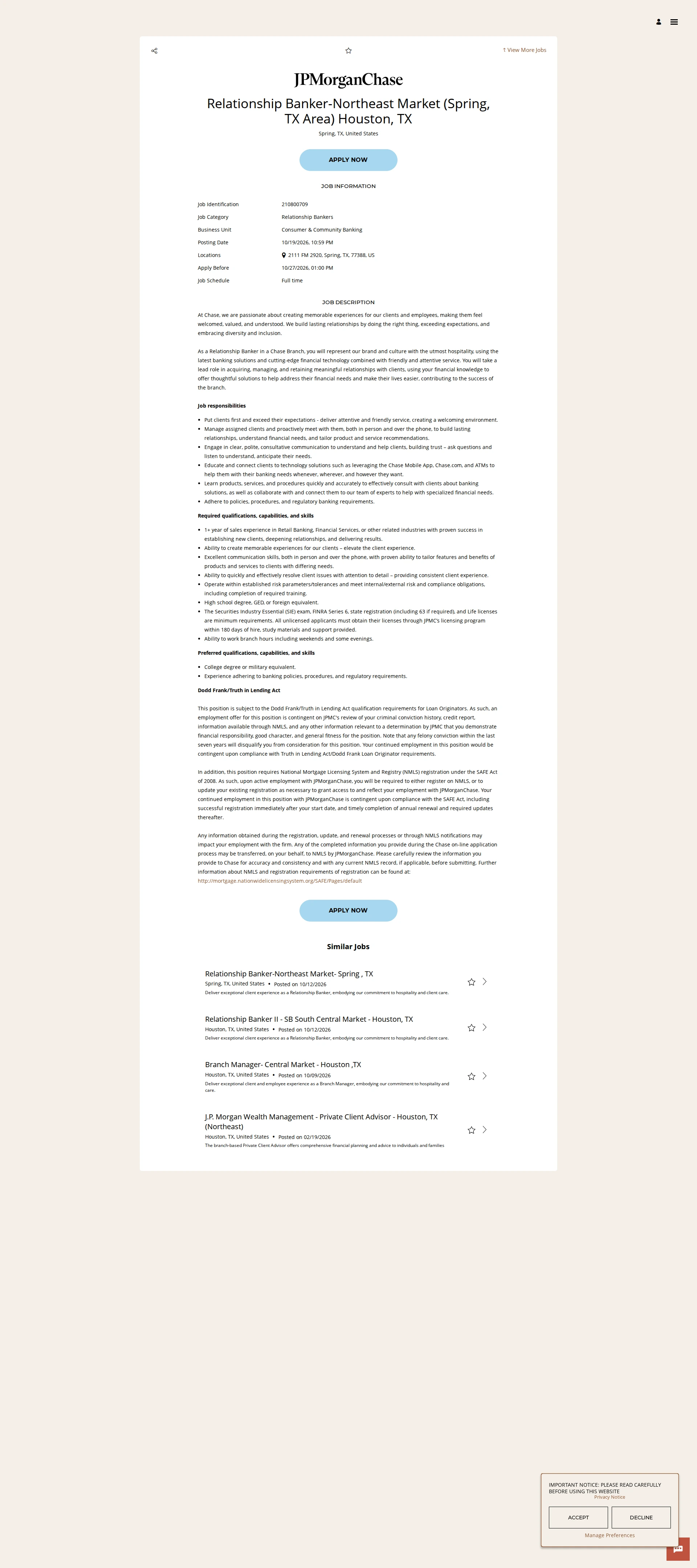 JPMorganChase Relationship Banker-Northeast Market (Spring, TX Area) Houston, TX 채용공고