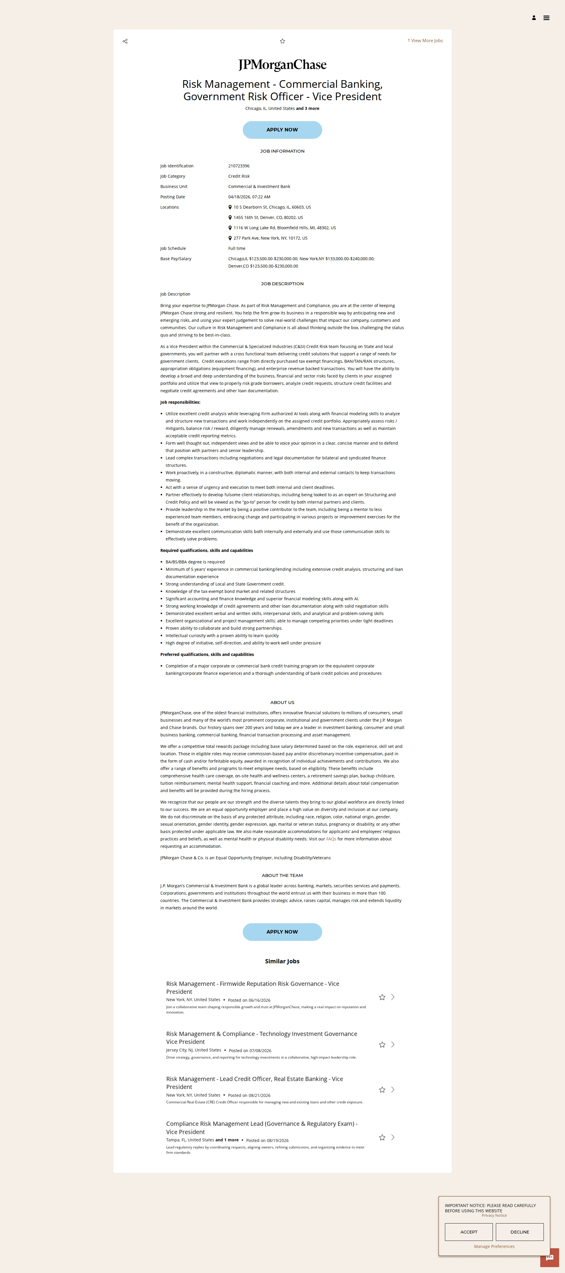 JPMorganChase Risk Management - Commercial Banking, Government Risk Officer - Vice President 채용공고