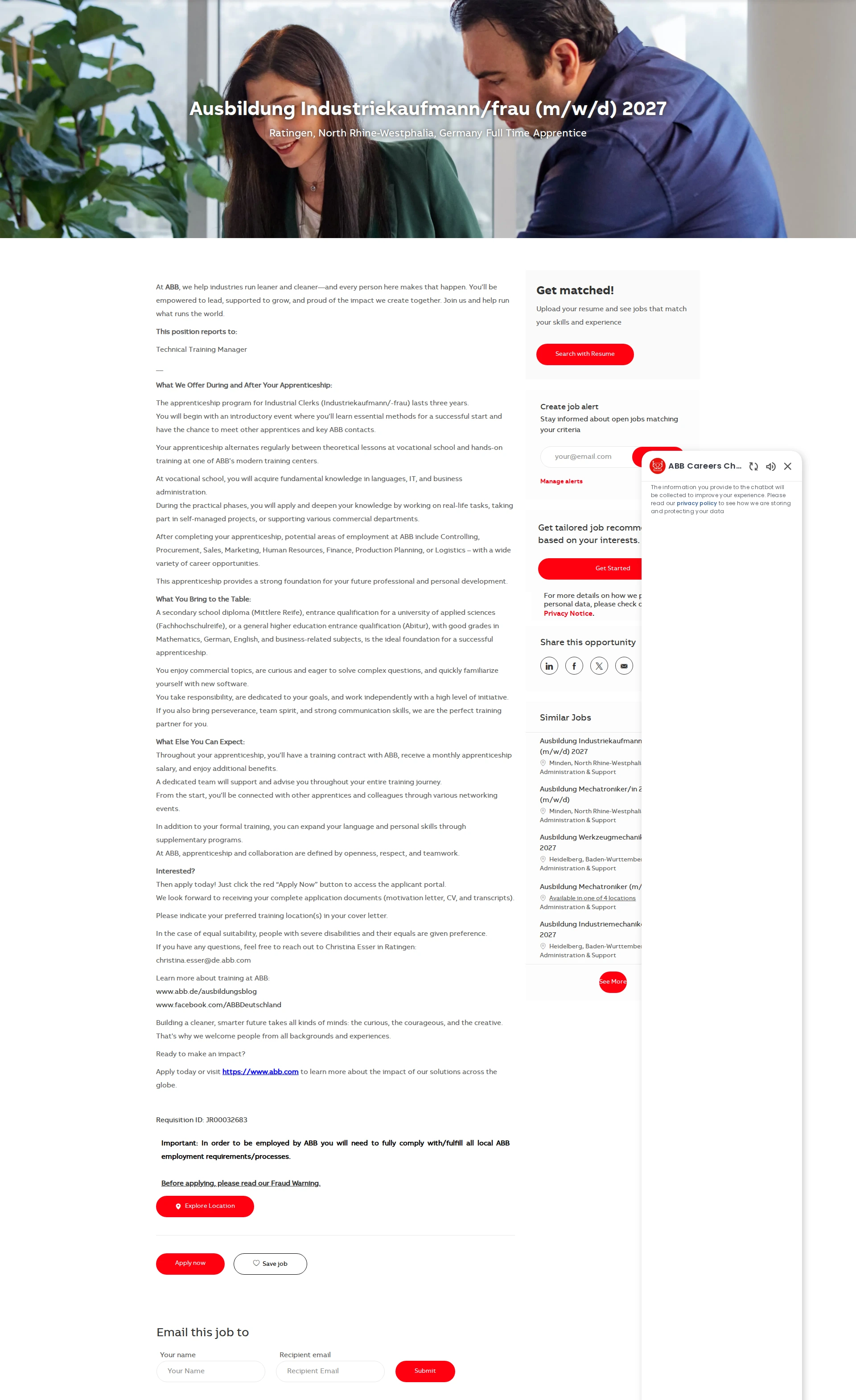 ABB코리아 Ausbildung Industriekaufmann/frau (m/w/d) 2027 채용공고