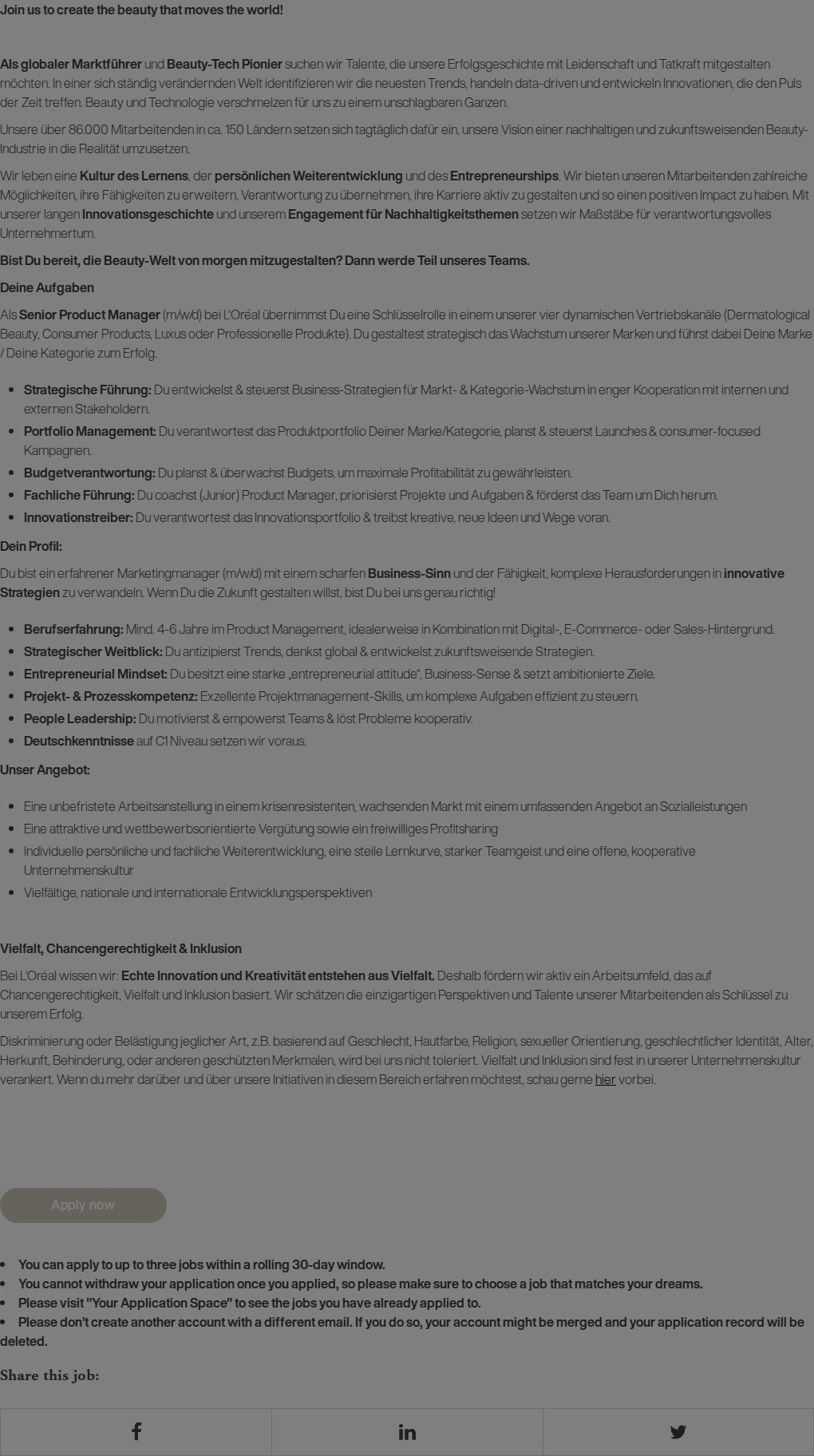 로레알(L'Oreal) Senior Product Manager (m/w/d) 채용공고