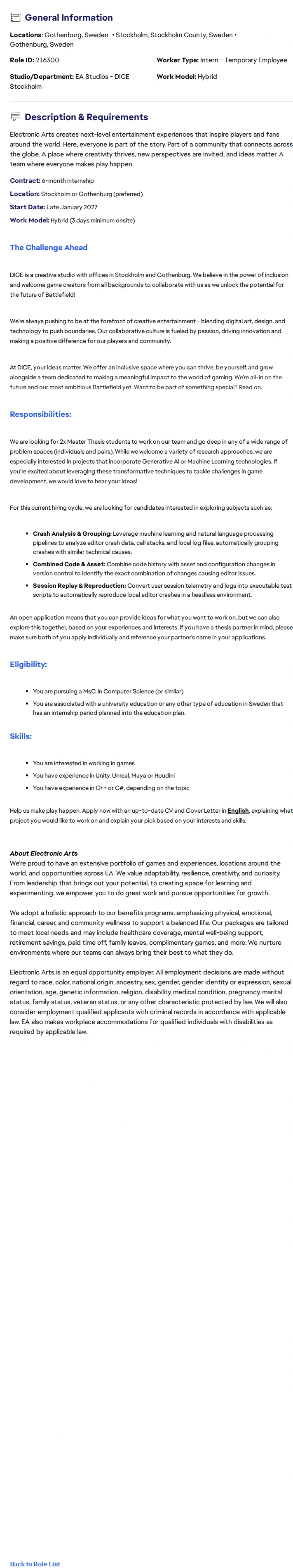 ElectronicArts Master Thesis Software Engineer Intern 채용공고
