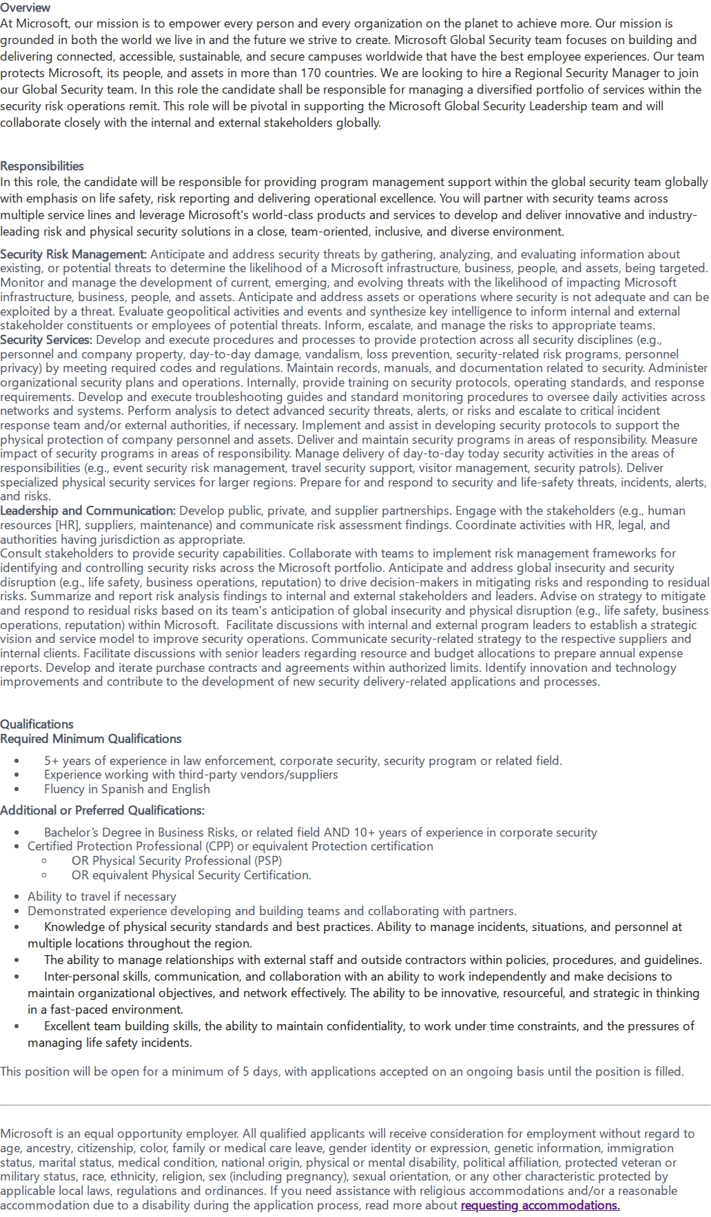 마이크로소프트(Microsoft) Regional Security Manager - Americas Security Operations 채용공고