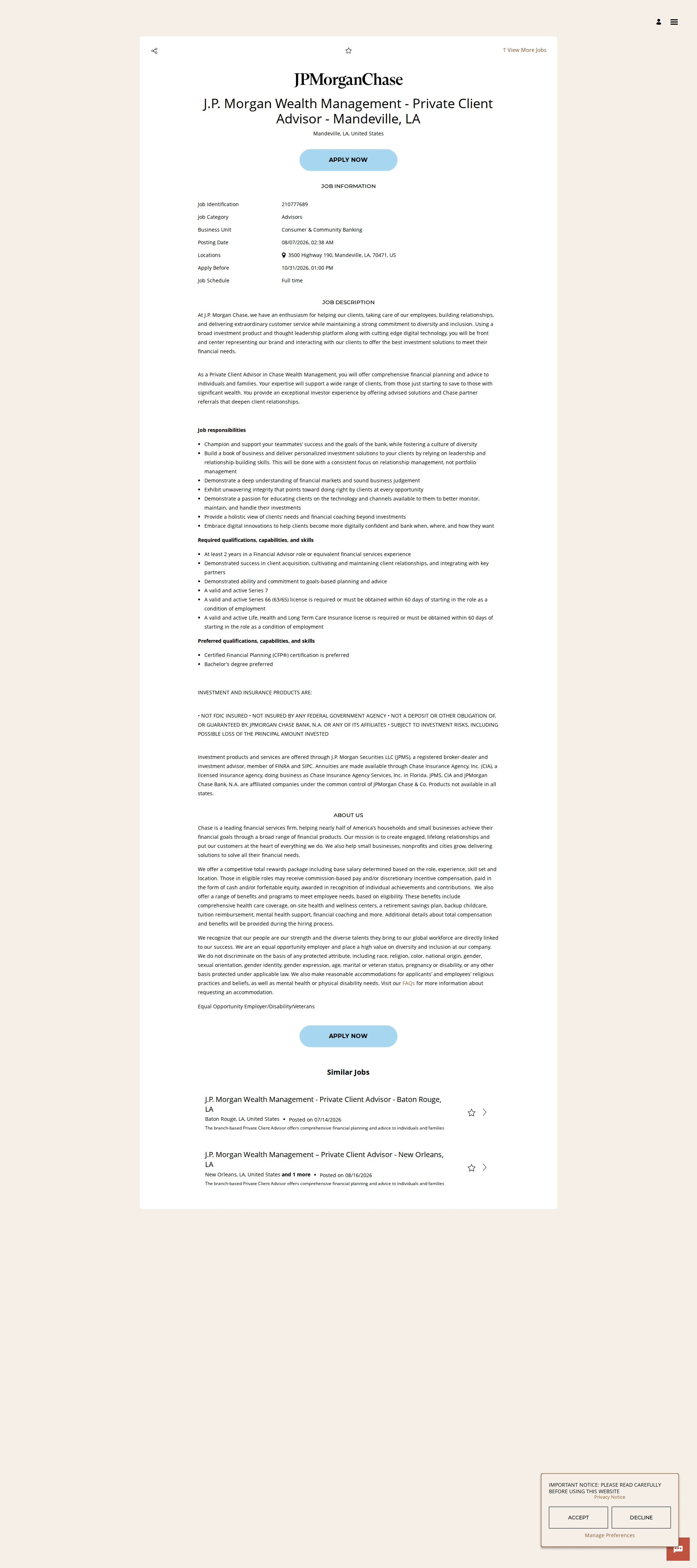 JPMorganChase J.P. Morgan Wealth Management - Private Client Advisor - Mandeville, LA 채용공고