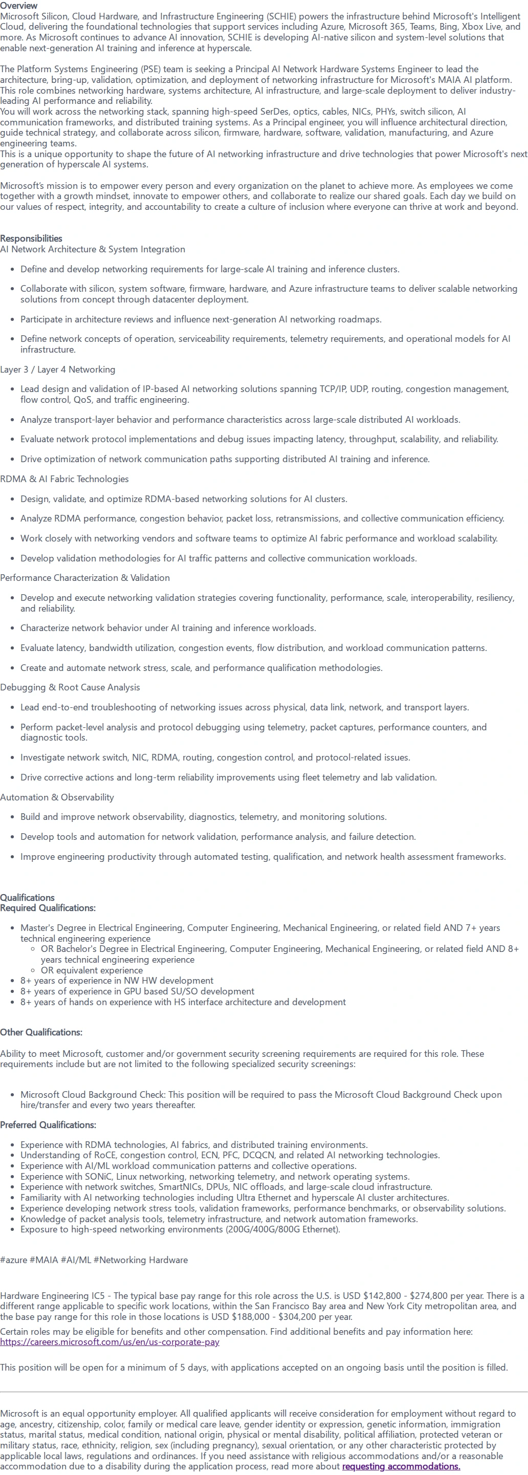 마이크로소프트(Microsoft) Principal AI Network Hardware Systems Engineer 채용공고