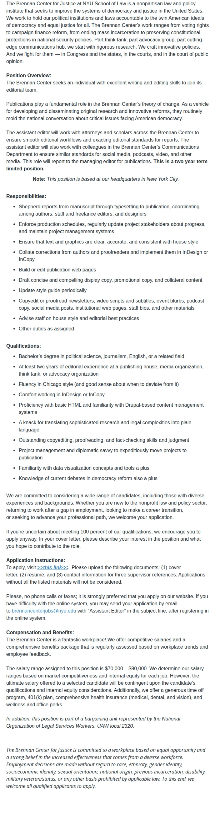 Brennan Center for Justice Assistant Editor 채용공고