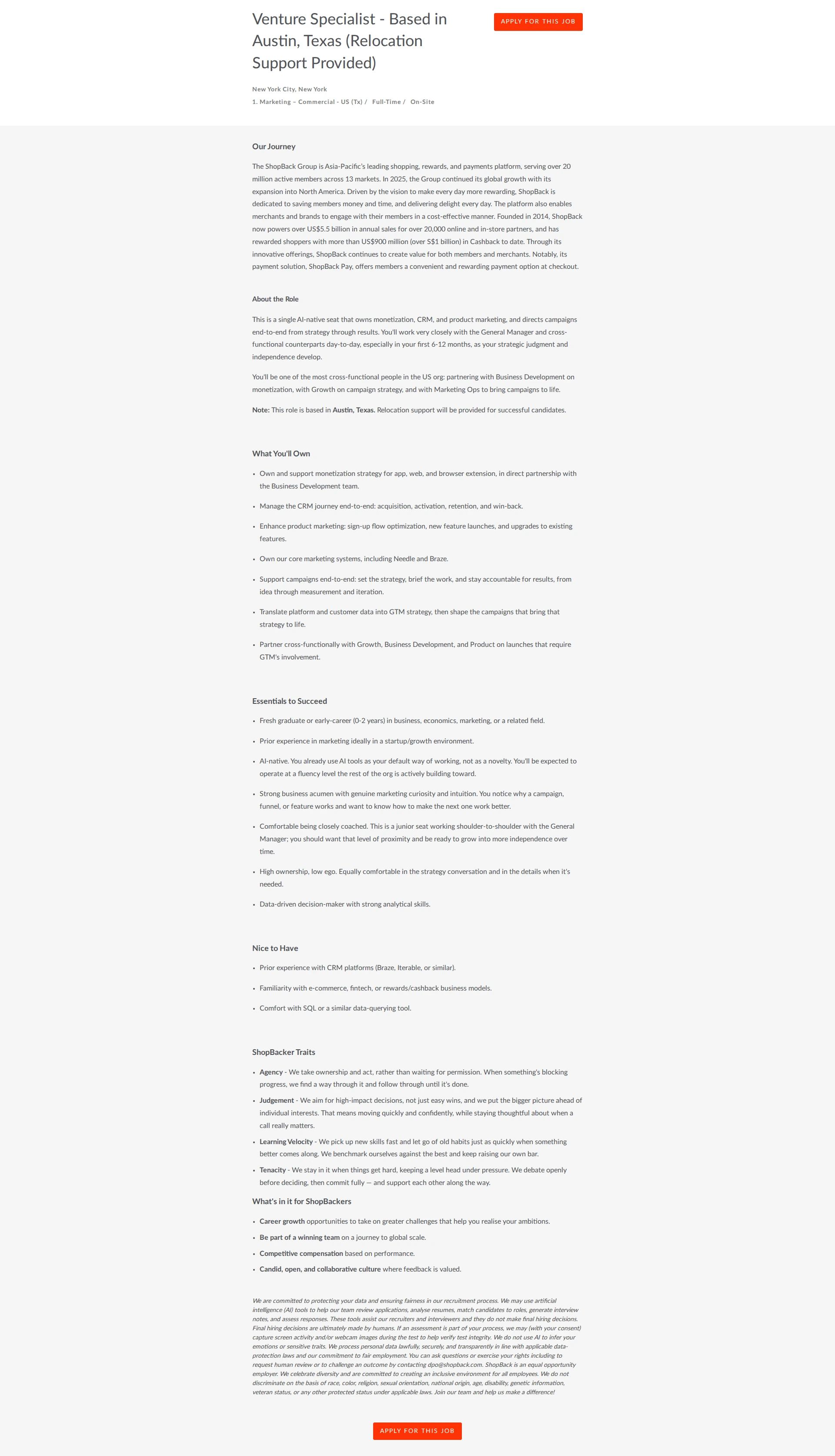 샵백 Venture Specialist  - Based in Austin, Texas (Relocation Support Provided) 채용공고