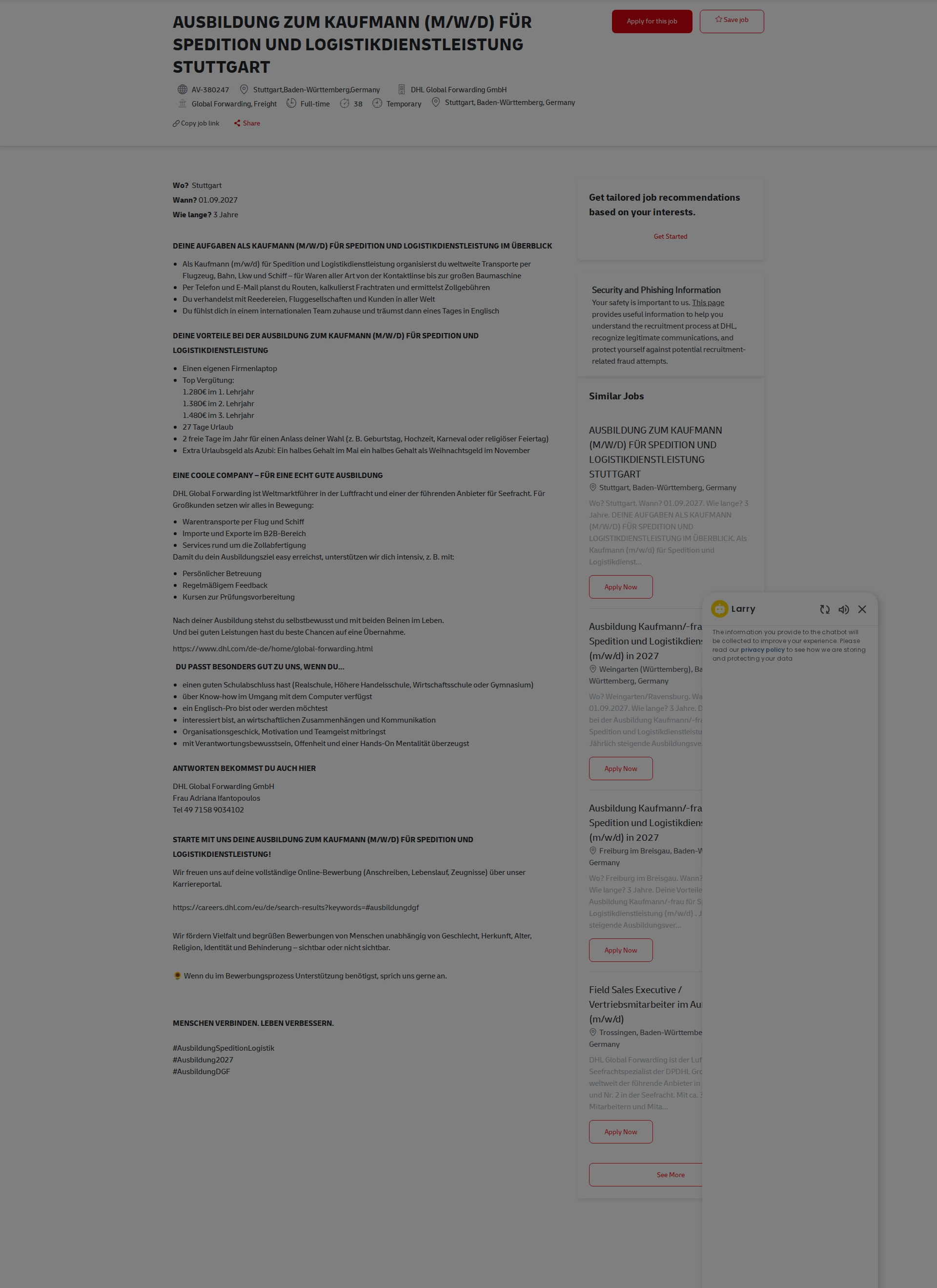 DHL AUSBILDUNG ZUM KAUFMANN (M/W/D) FÜR SPEDITION UND LOGISTIKDIENSTLEISTUNG STUTTGART 채용공고