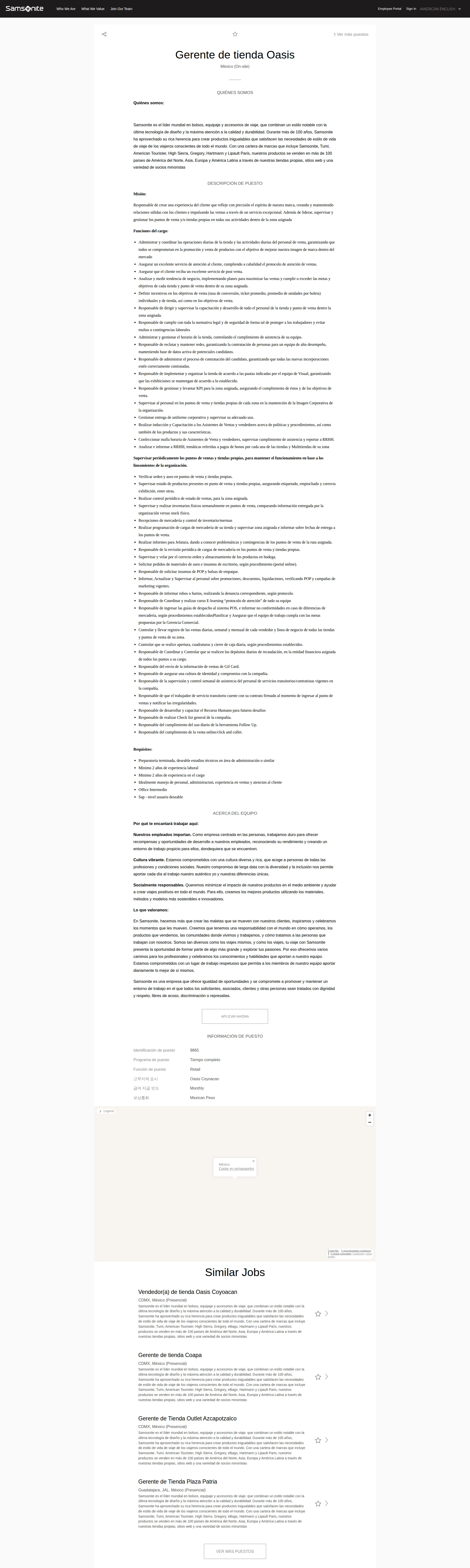 쌤소나이트 Supervisor de Ventas Retail 채용공고